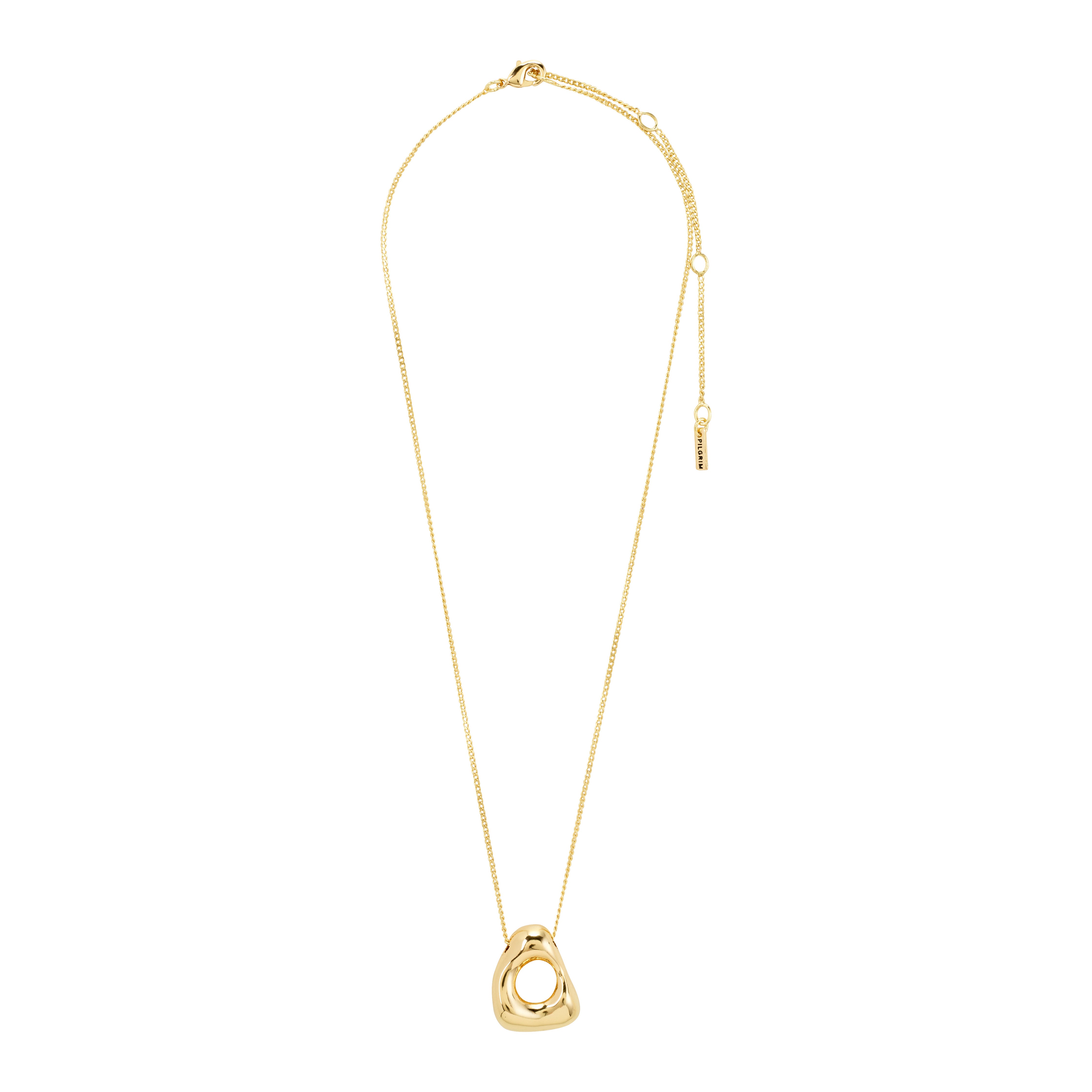 FREE necklace gold-plated by Pilgrim: A minimalist gold chain with an organic, sculptural pendant featuring a central circular hole, inspired by nature's raw beauty. 