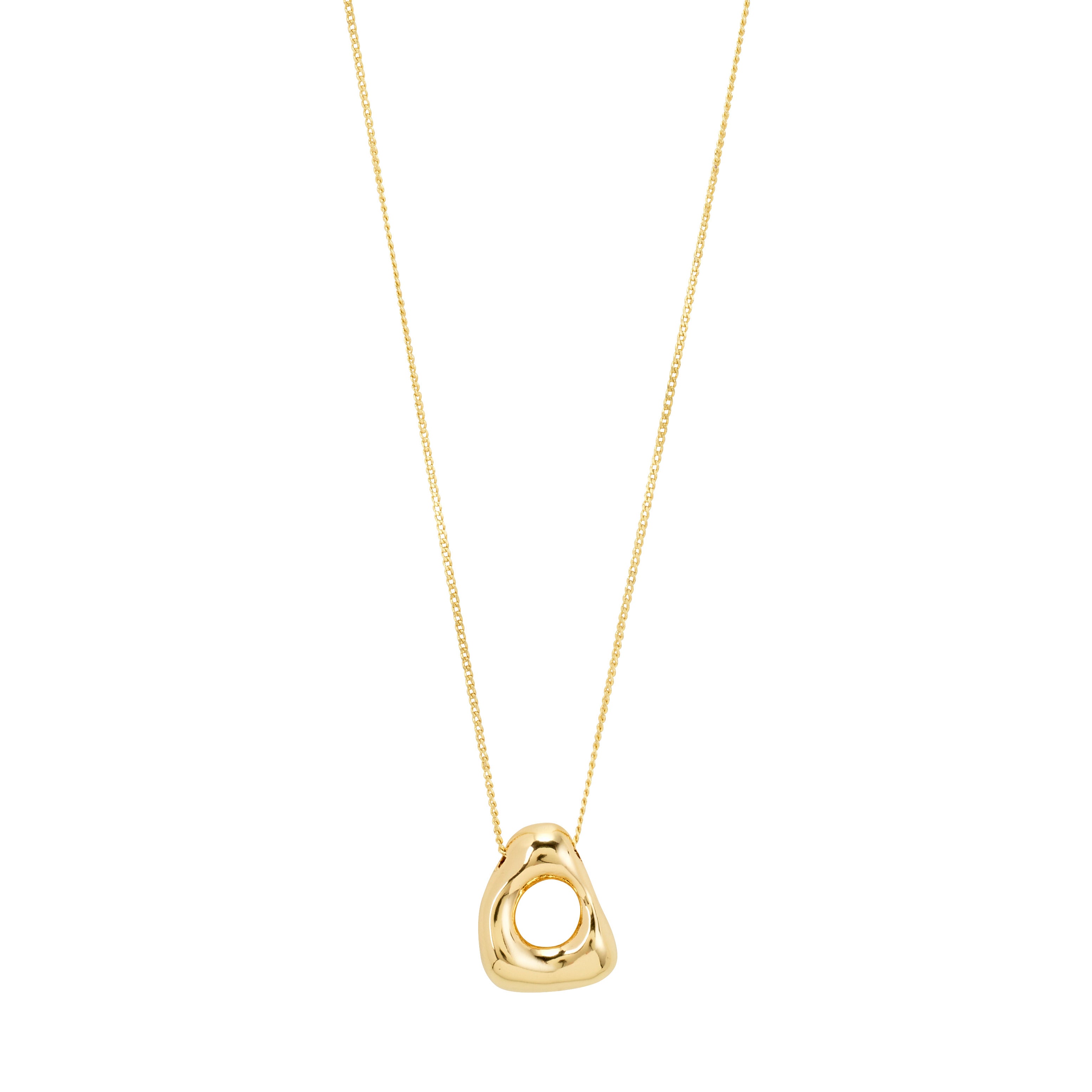 Gold-plated FREE necklace by Pilgrim, featuring a sculptural, abstract pendant with a circular hole, inspired by nature's raw beauty and ocean-worn stones.