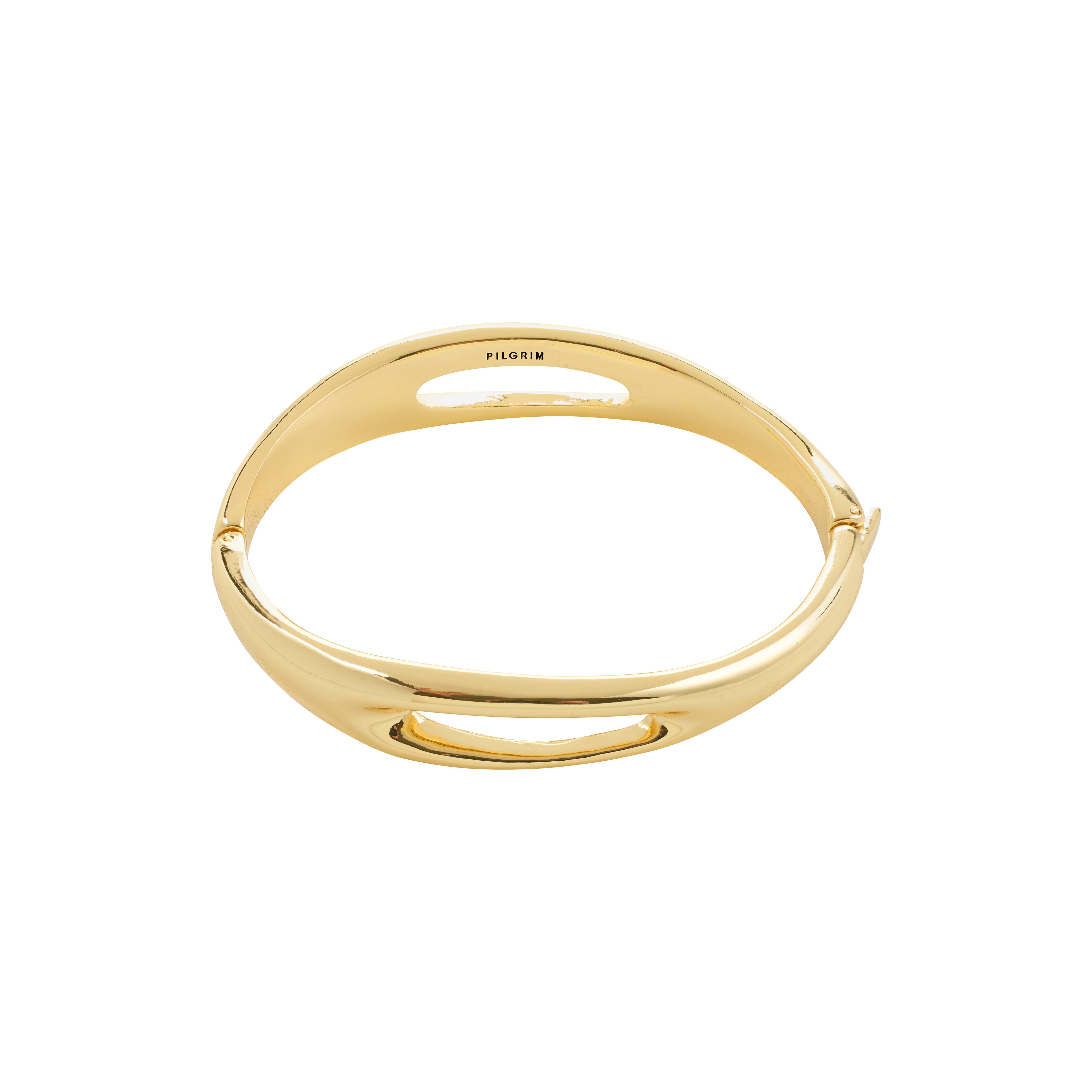 Gold-plated FREE bangle by Pilgrim with elongated oval cut-outs, polished finish, showcasing Scandinavian style. Ideal for stacking, crafted from recycled materials.