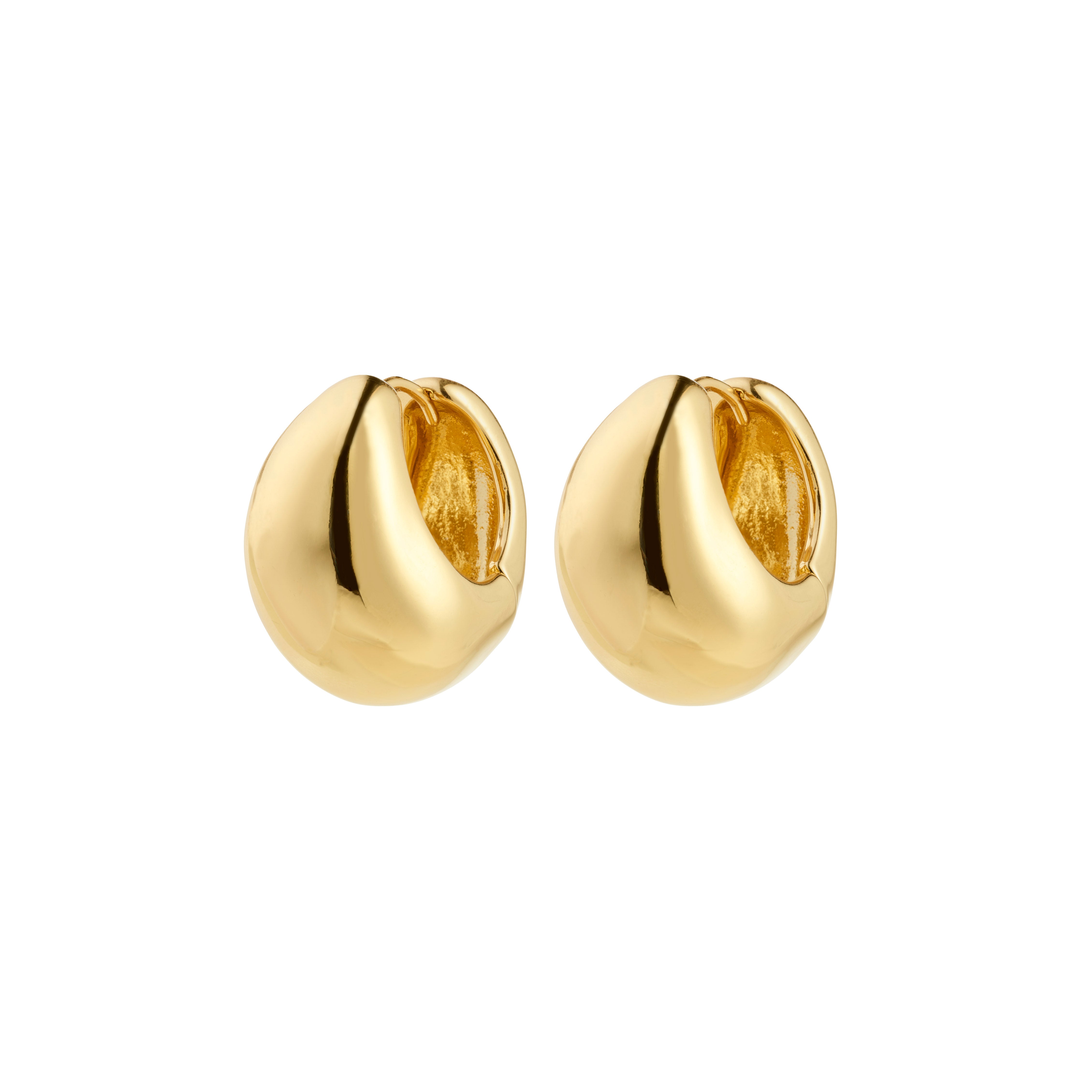 Pair of FREE hoops gold-plated, small chunky huggie-style with a shiny, uneven design, capturing light for an edgy, chic look, crafted from recycled materials.