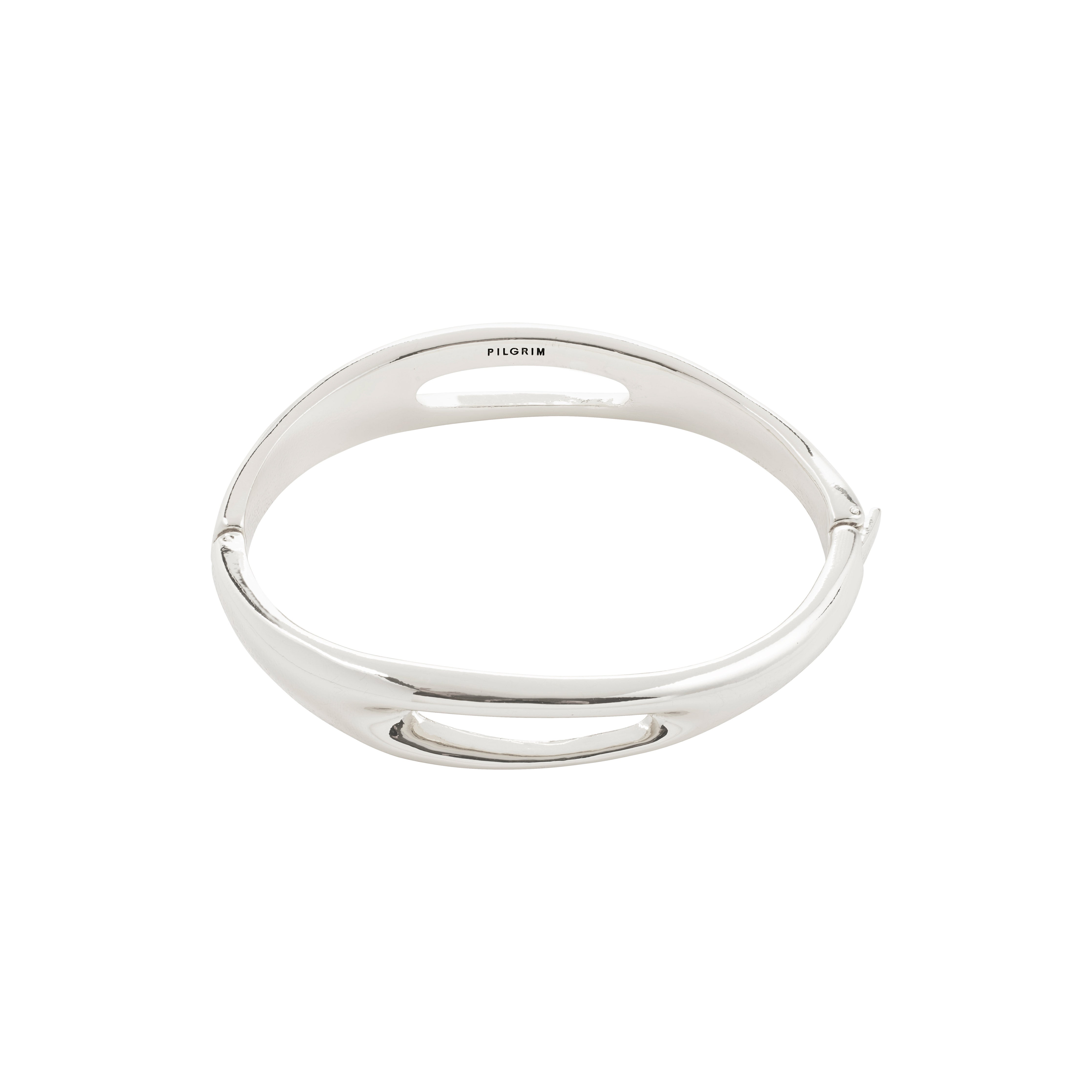 Silver-tone FREE bangle by Pilgrim, featuring a sculptural oval shape with cut-out details, minimalist Scandi flair, and discreet click clasp, crafted from recycled materials.