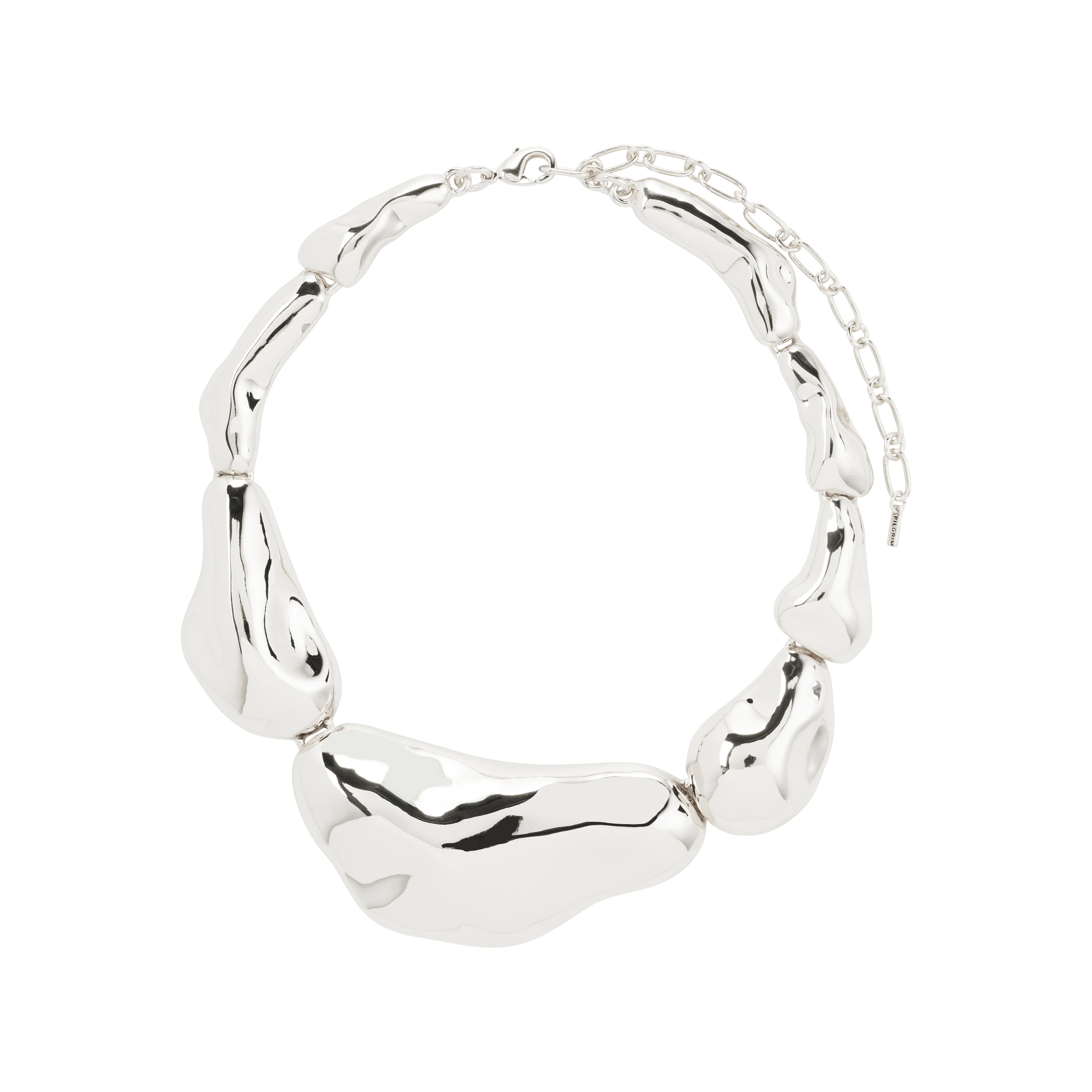 FREE statement necklace silver-plated, featuring chunky, asymmetrical pebble-shaped links with a reflective finish and extender chain, inspired by ocean ripples, crafted from recycled materials.