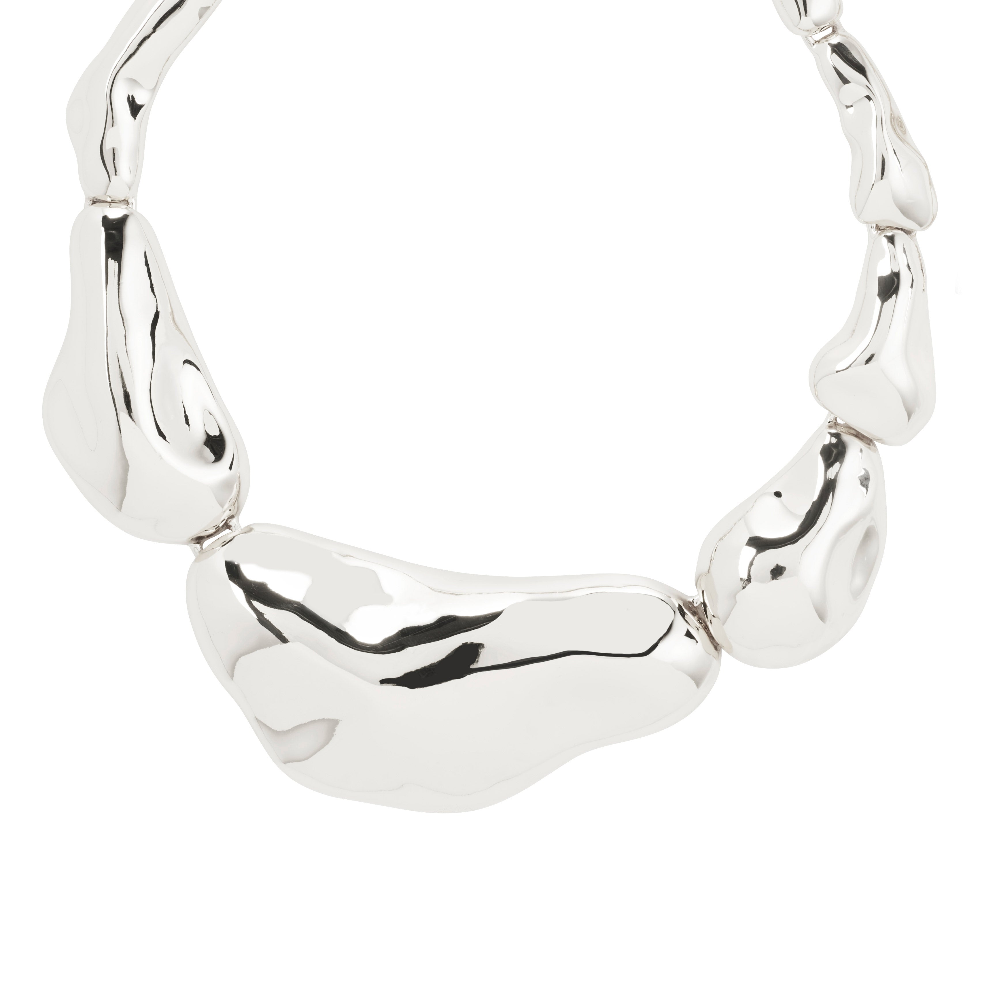 FREE statement necklace silver-plated by Pilgrim, featuring chunky, pebble-like silver links with fluid shapes, inspired by ocean ripples, crafted from recycled materials.