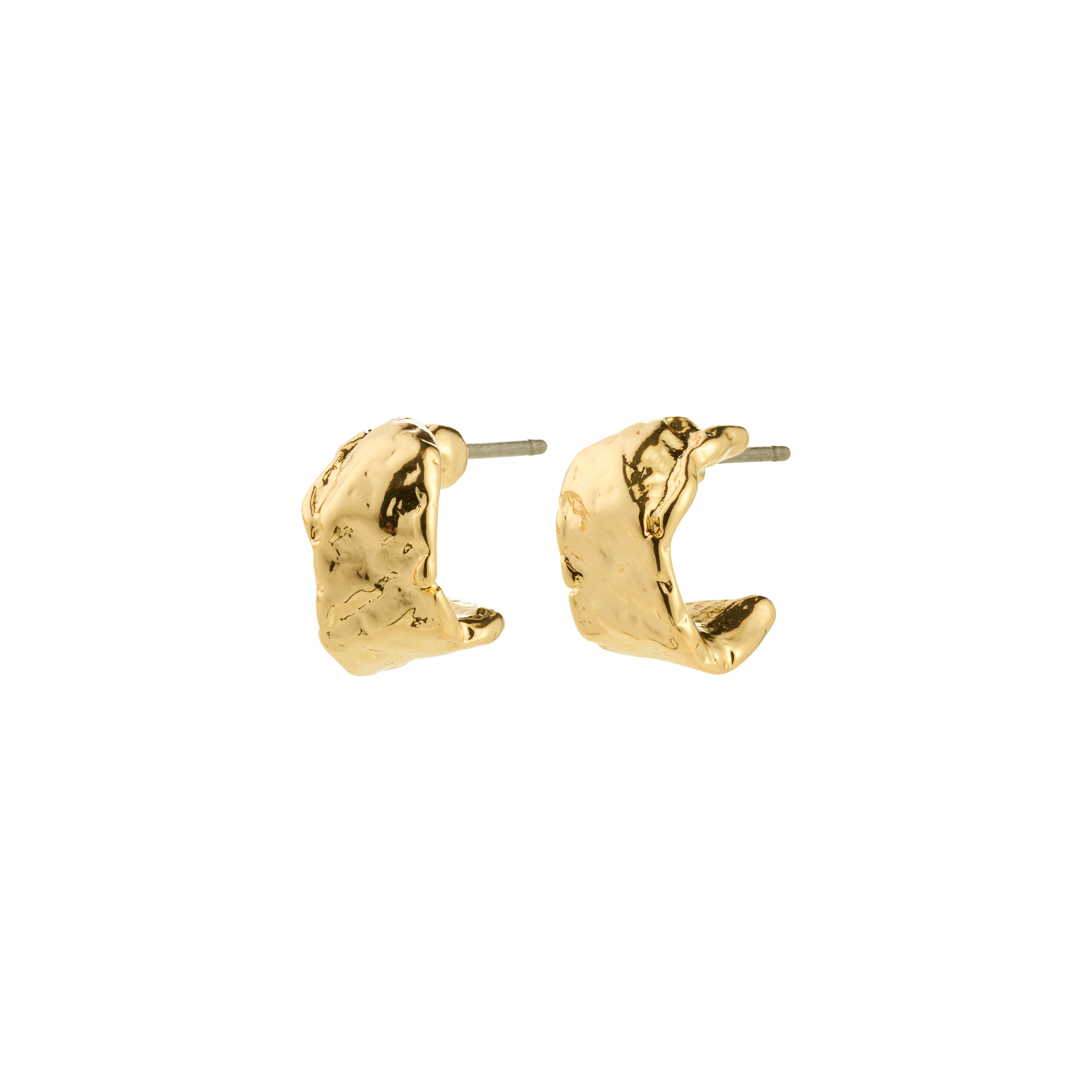 INSTANT earrings gold-plated: small, molten-textured huggie hoops offering a shiny, organic elegance, crafted from 99% recycled material for everyday minimalist or trendy styles.