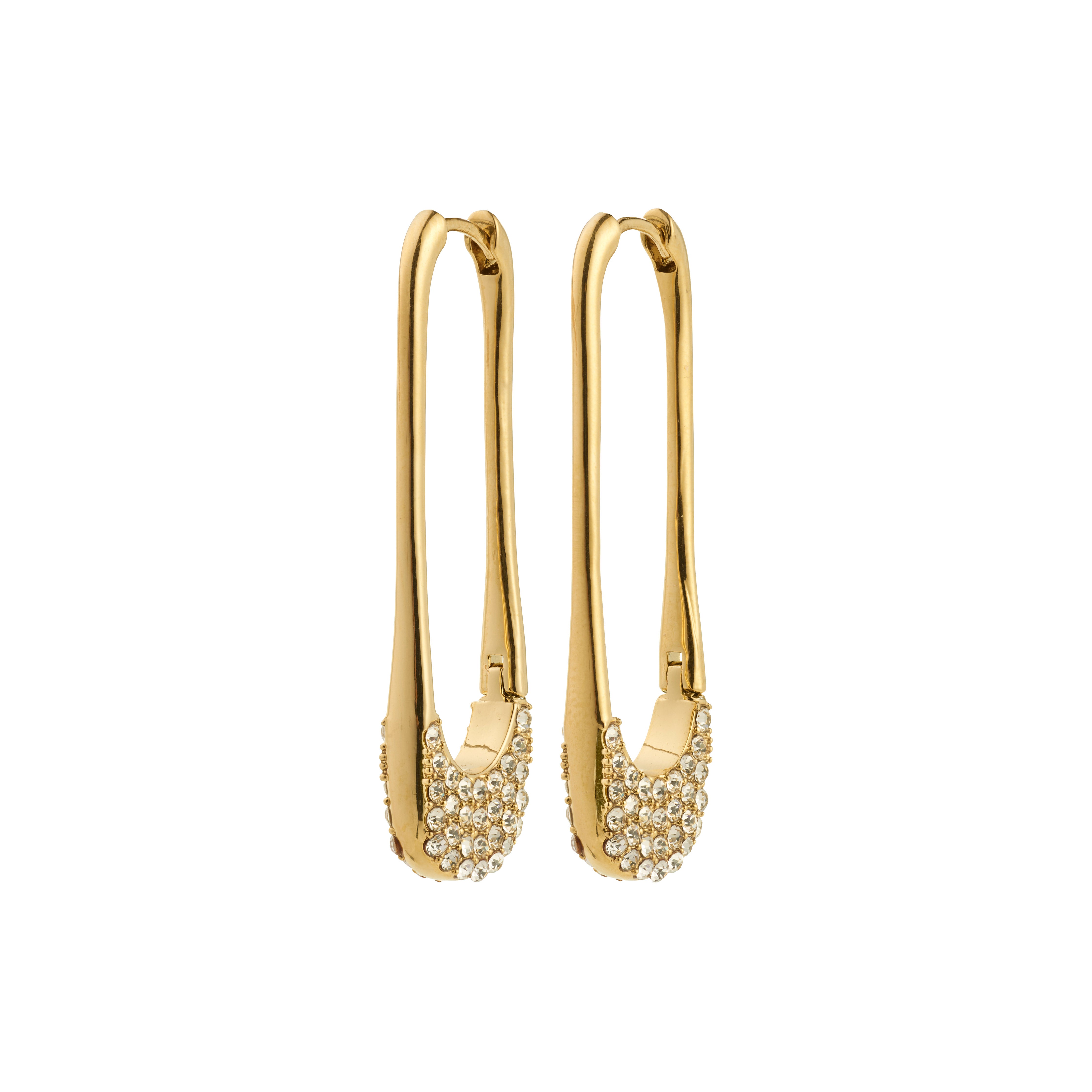 INSTANT hoops gold-plated earrings shaped like safety pins, featuring sparkling Preciosa crystals on the curved ends, offering an edgy yet luxurious urban style.