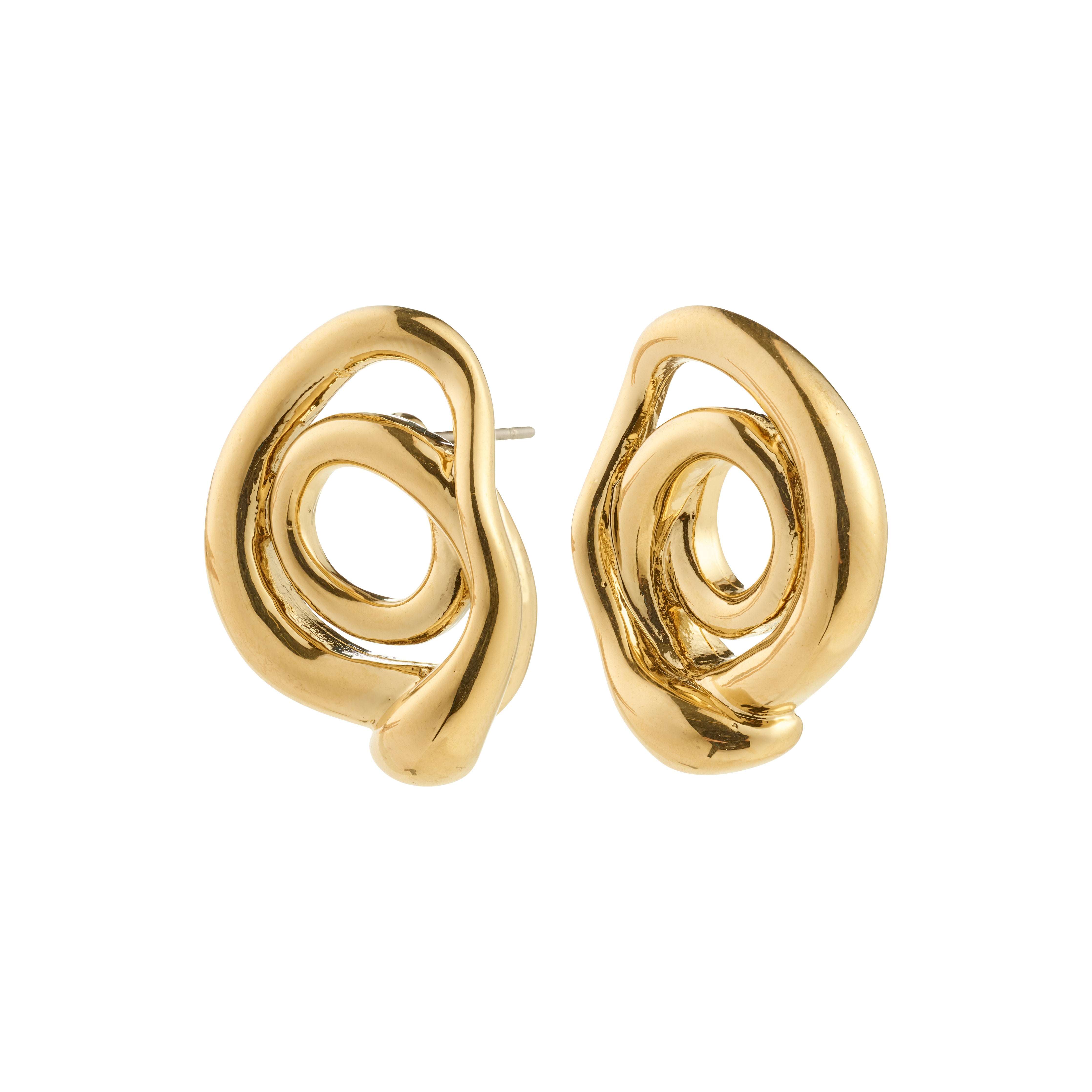 UNFOLD earrings gold-plated with abstract swirl design; organic, modern style, crafted from recycled materials for a playful, artistic look.