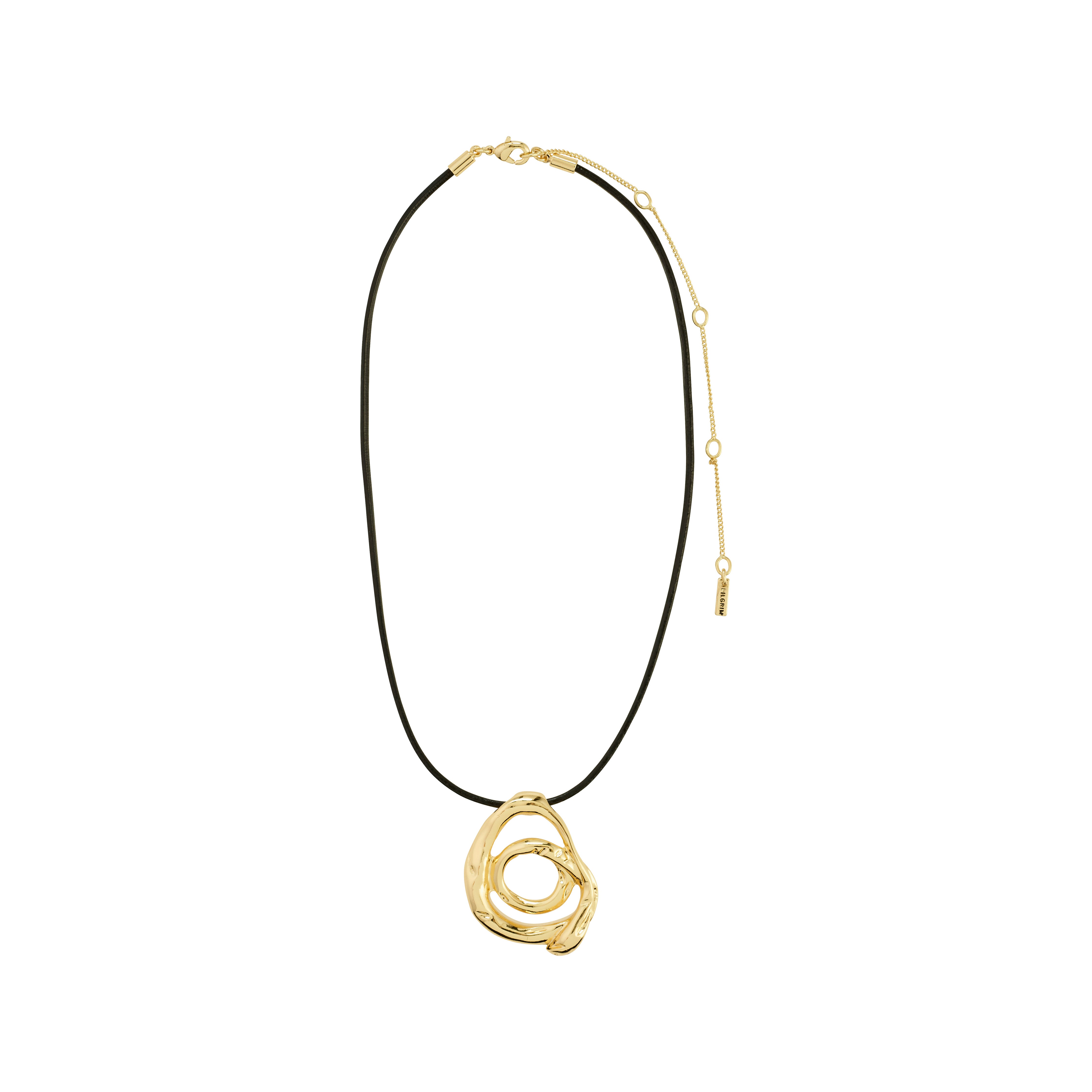 UNFOLD necklace gold-plated featuring a black leather cord and a unique, artistic gold pendant of interlocking rings, embodying Pilgrim's creative and sustainable style.