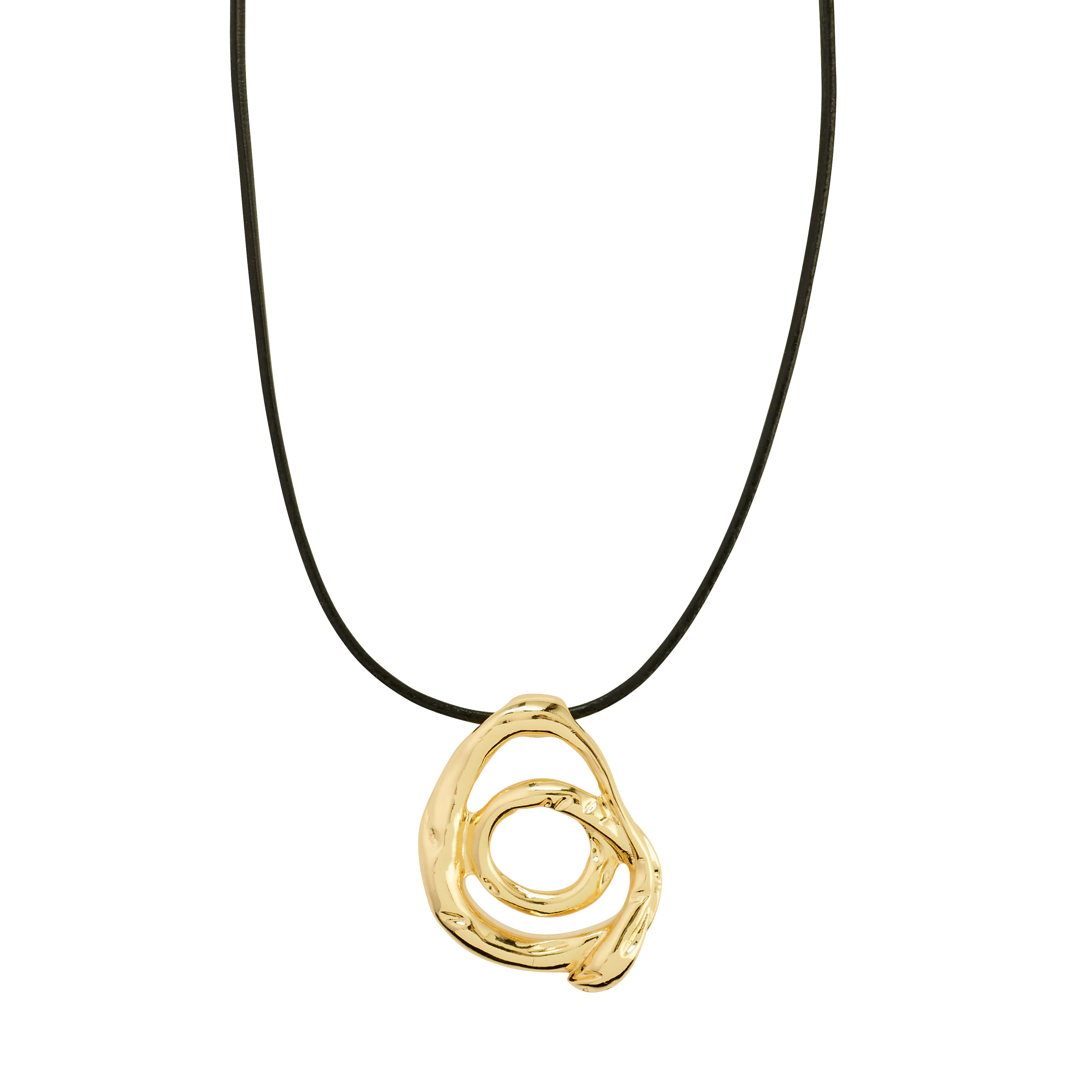 UNFOLD necklace gold-plated features a black cord with an abstract gold swirl pendant, offering a creative touch for a stylish, artistic look.