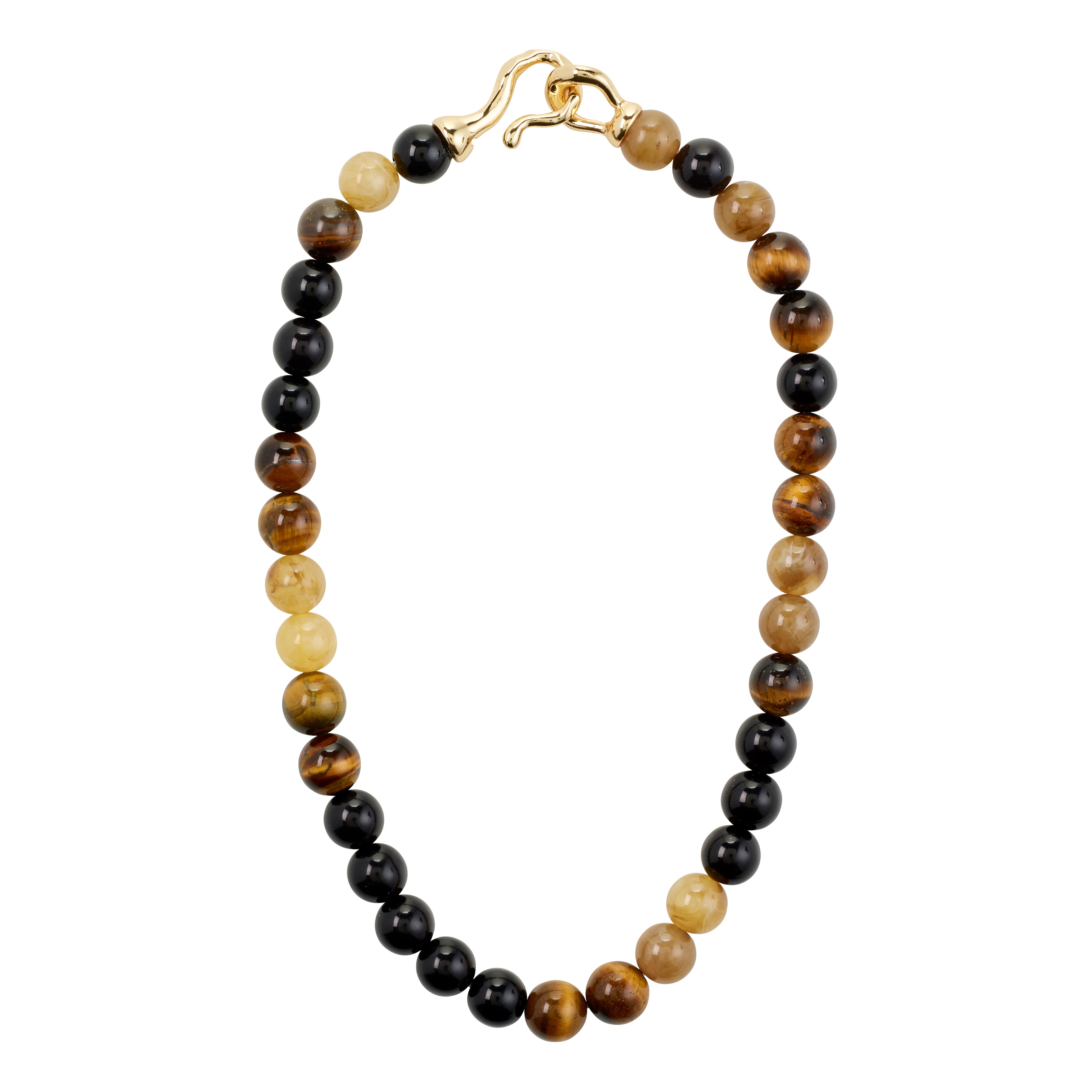 UNFOLD necklace gold-plated/brown featuring chunky, polished Tiger Eye beads in black and brown tones with a decorative gold-tone clasp, embodying autumn vibes.