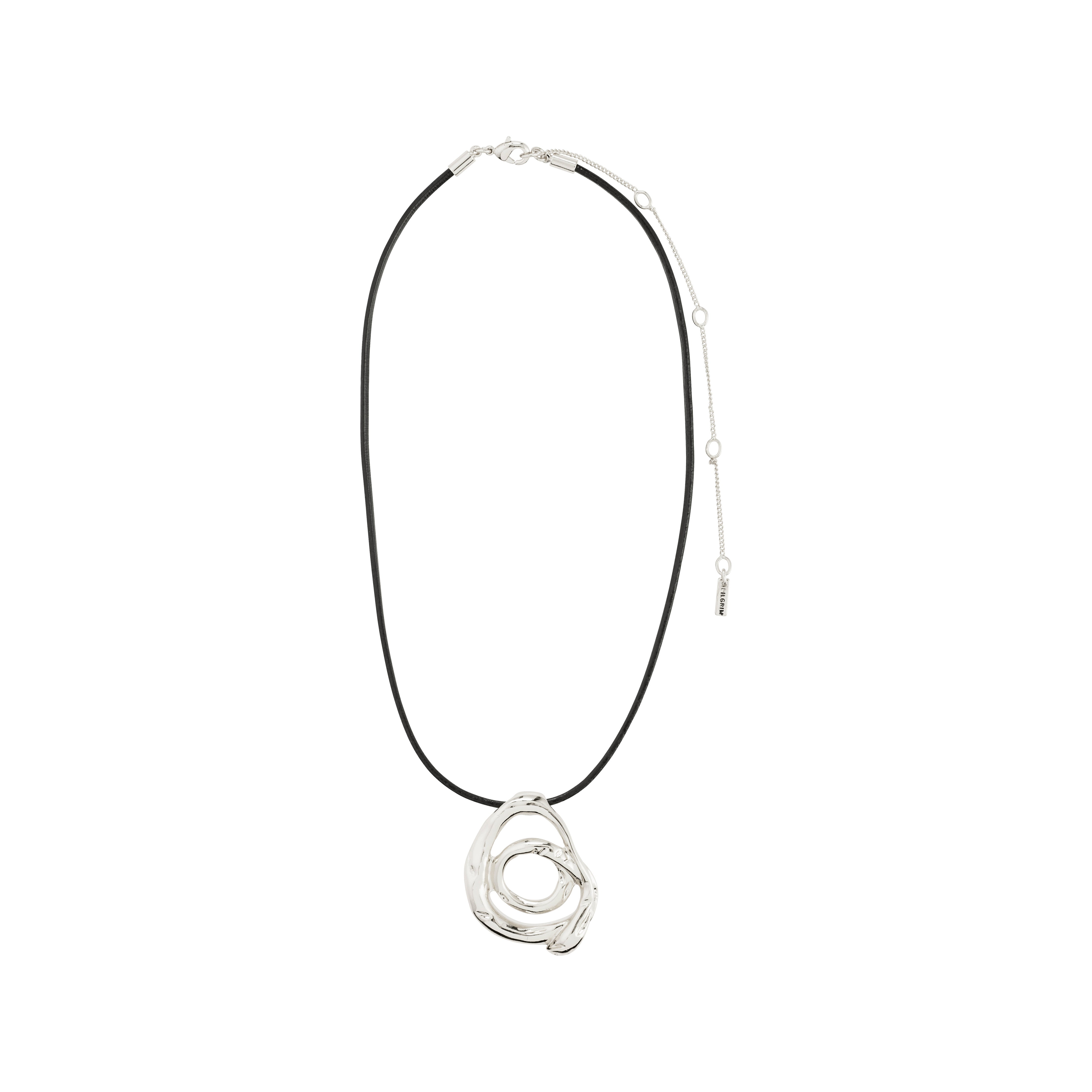 UNFOLD necklace silver-plated features a minimalist black cord and abstract silver swirl pendant, ideal for adding a creative touch to any outfit.