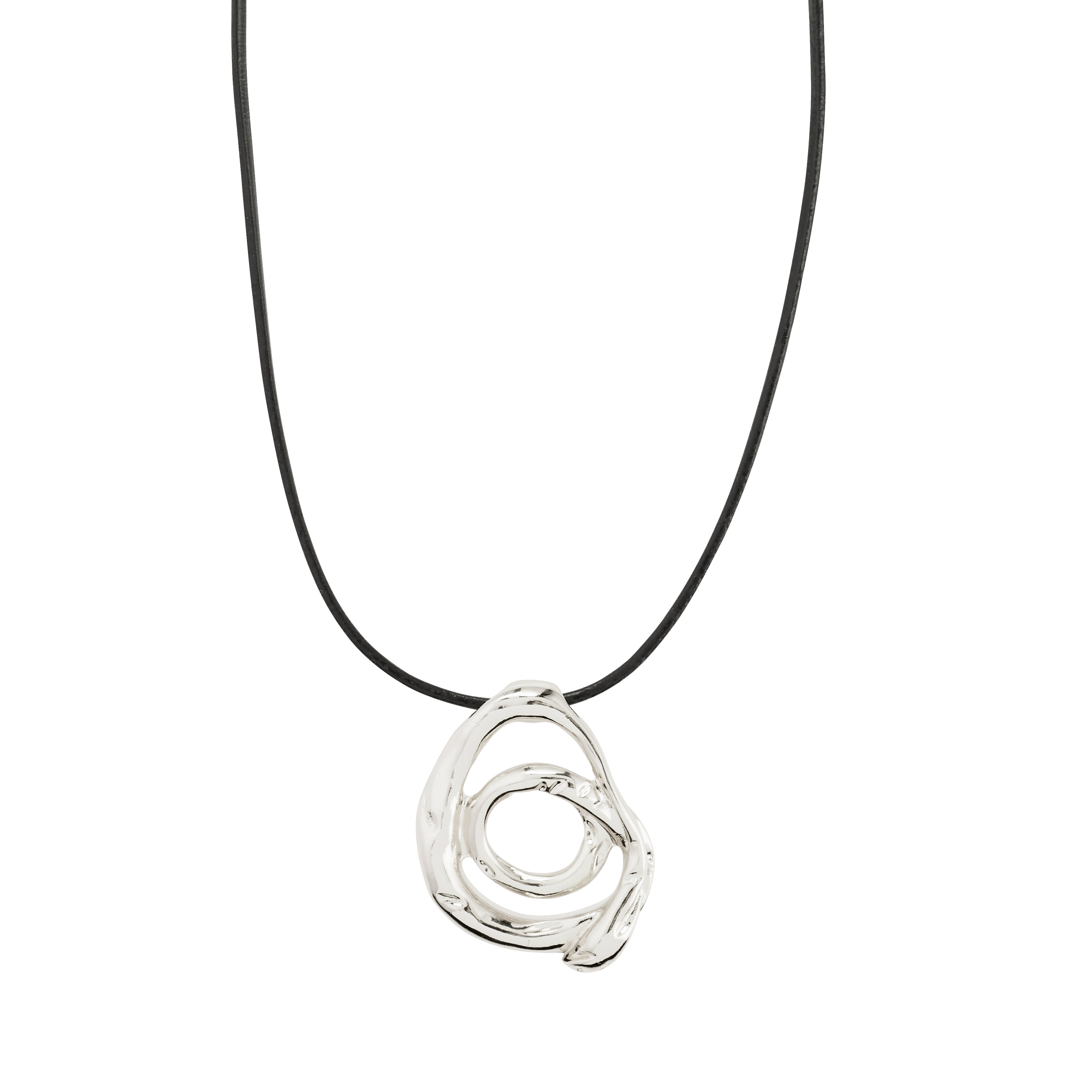 UNFOLD necklace silver-plated: Black cord with a polished, abstract silver pendant of two concentric loops, offering an artistic, eco-friendly touch to casual outfits.