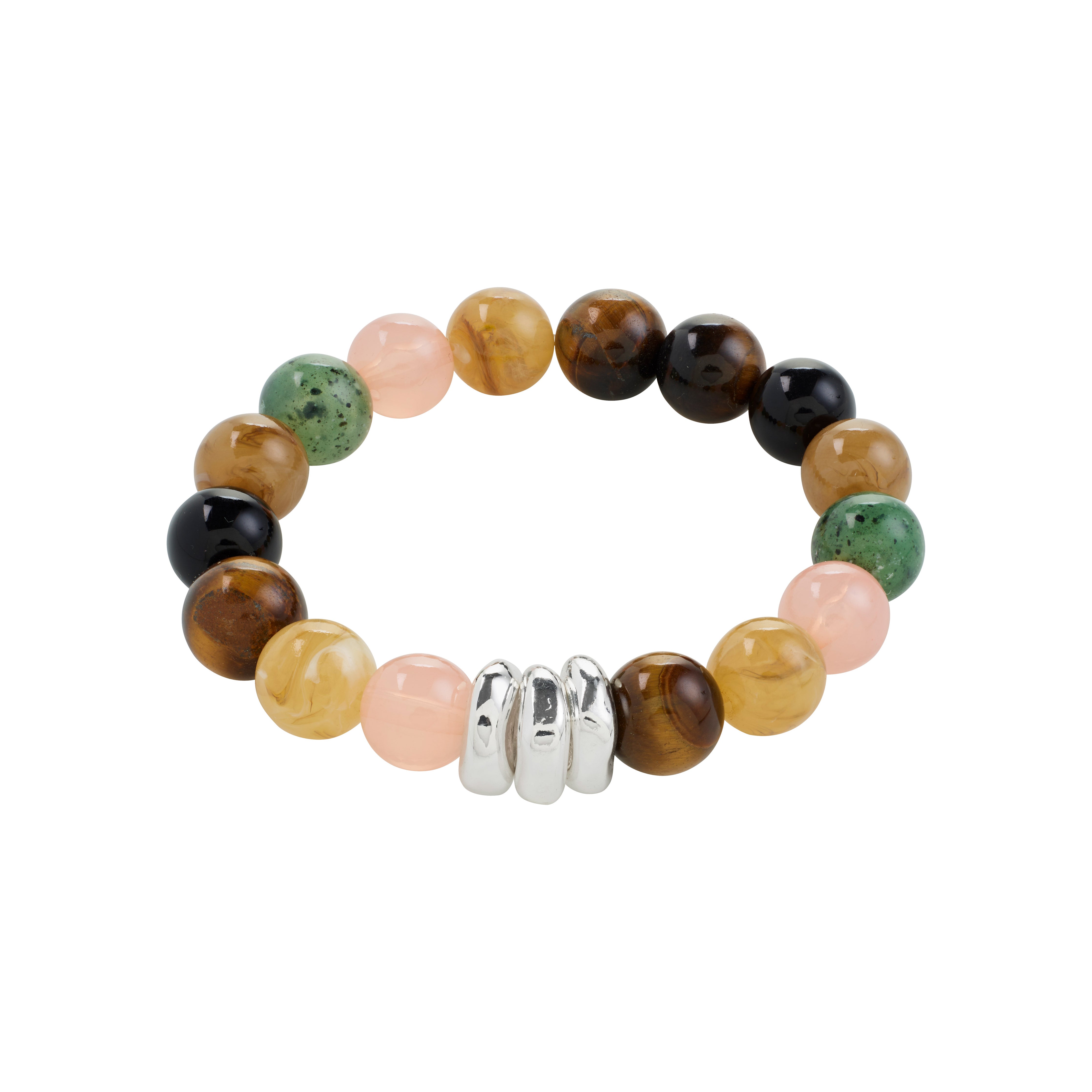 UNFOLD bracelet by Pilgrim features multi-colored stones and silver-tone spacers, offering a bold, stylish accessory perfect for versatile and confident autumn looks.