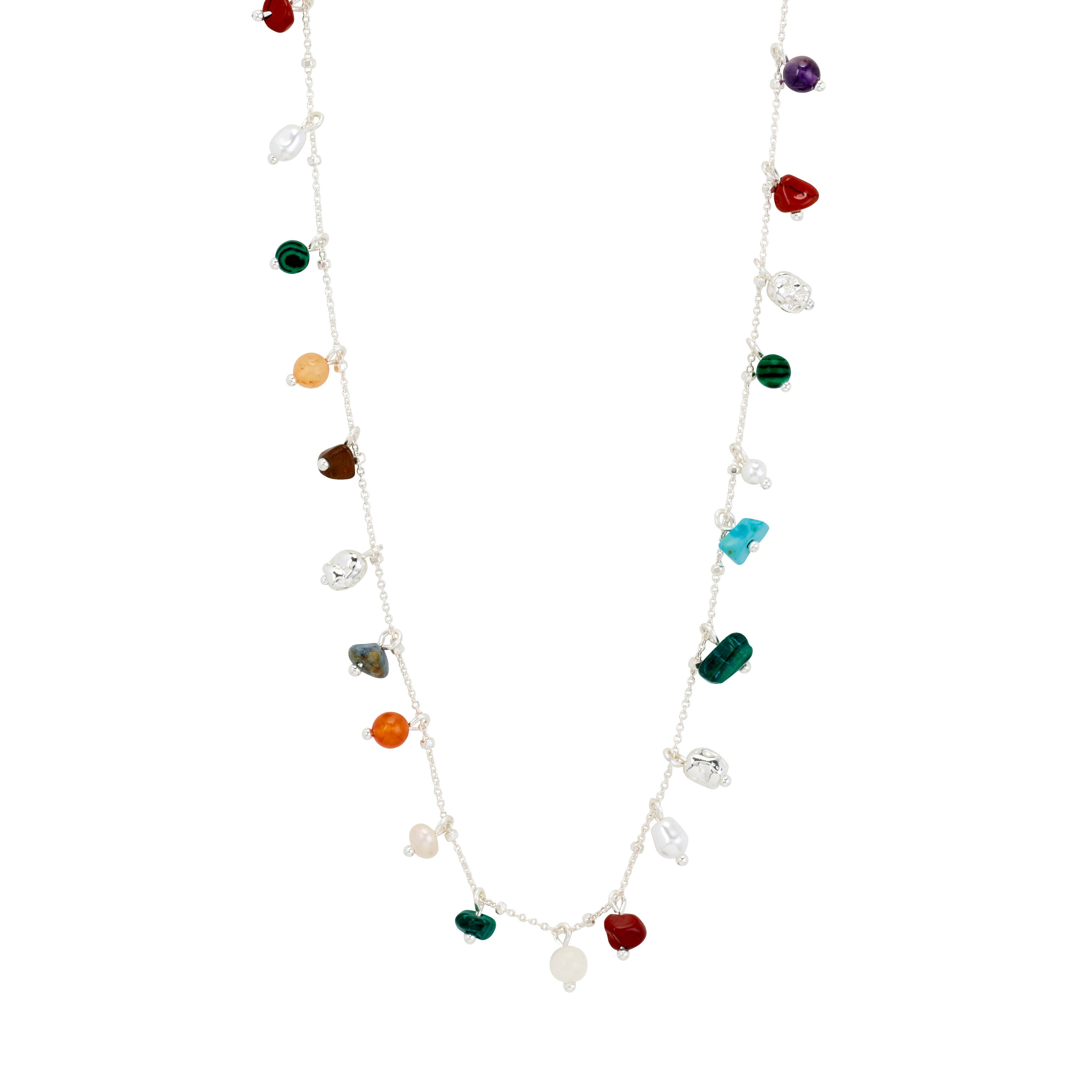 Silver-plated BETWEEN necklace by Pilgrim, featuring vibrant semi-precious stones on a delicate chain, perfect for a luxe boho style.