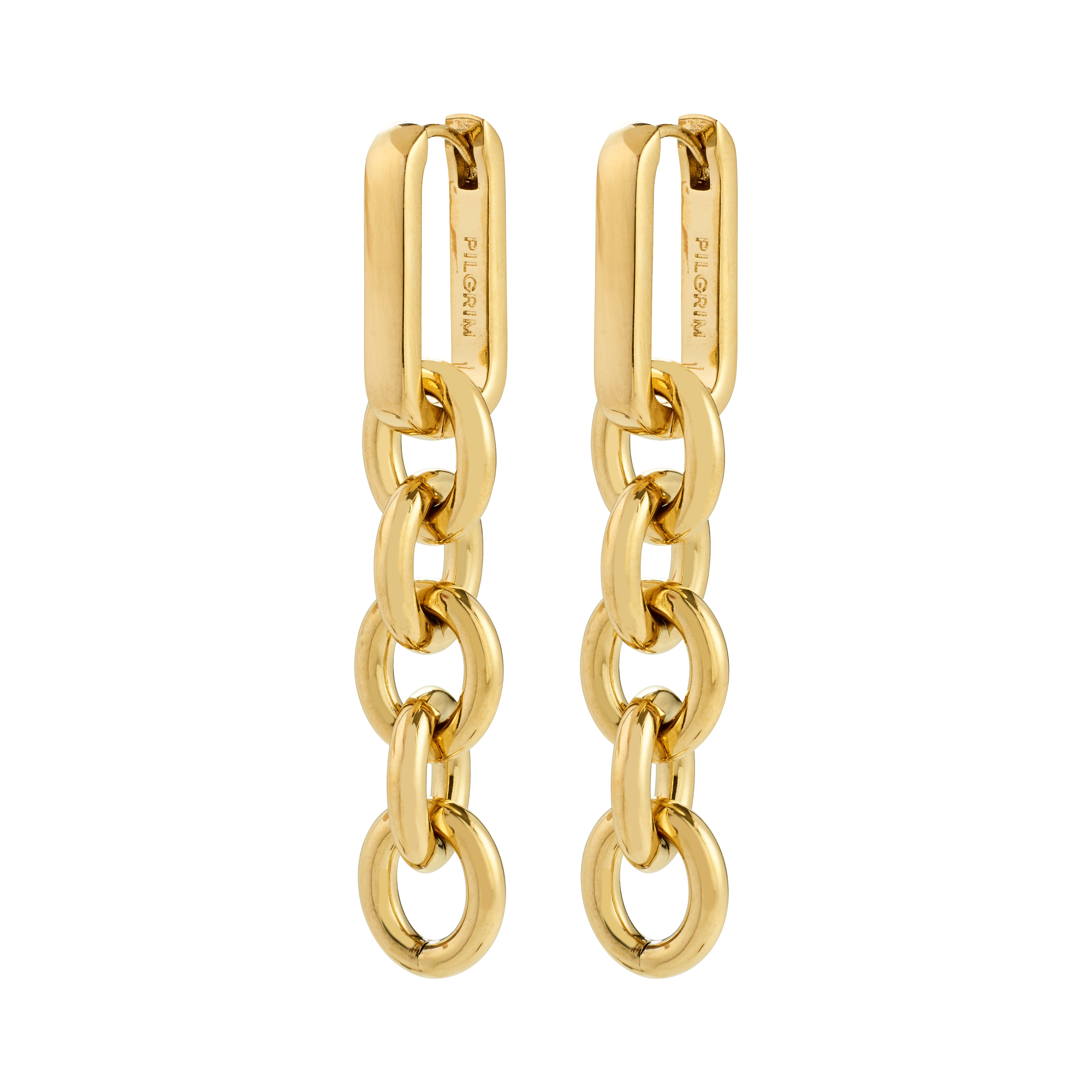 PHASE earrings gold-plated with linked gold-tone rings and PILGRIM marked rectangular tops, offering an elegant, urban drop-style design crafted from recycled materials.