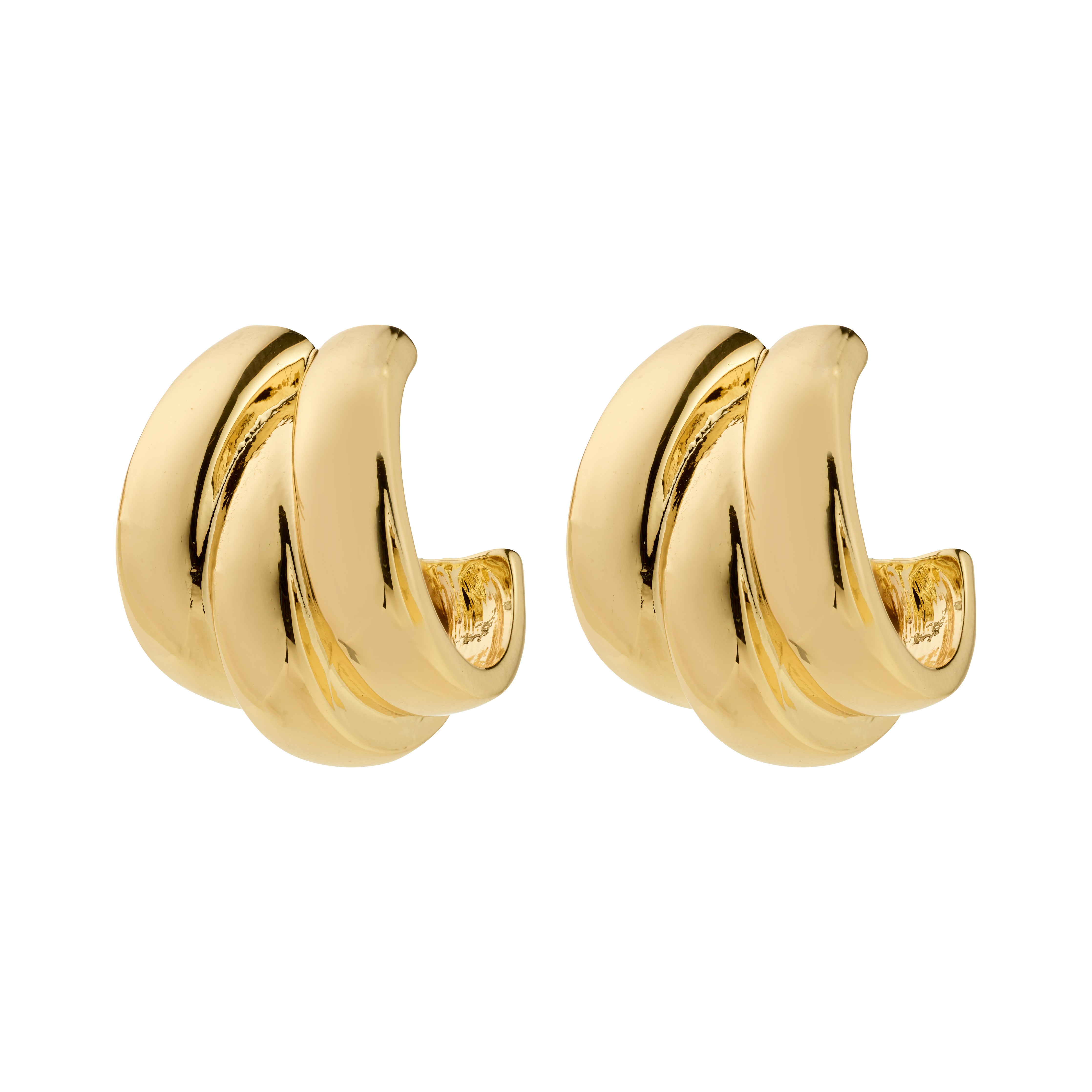 Pilgrim’s DAMIAN gold-plated earrings feature chunky, intertwined hoops, offering a bold statement and crafted from 99% recycled materials for sustainable style.