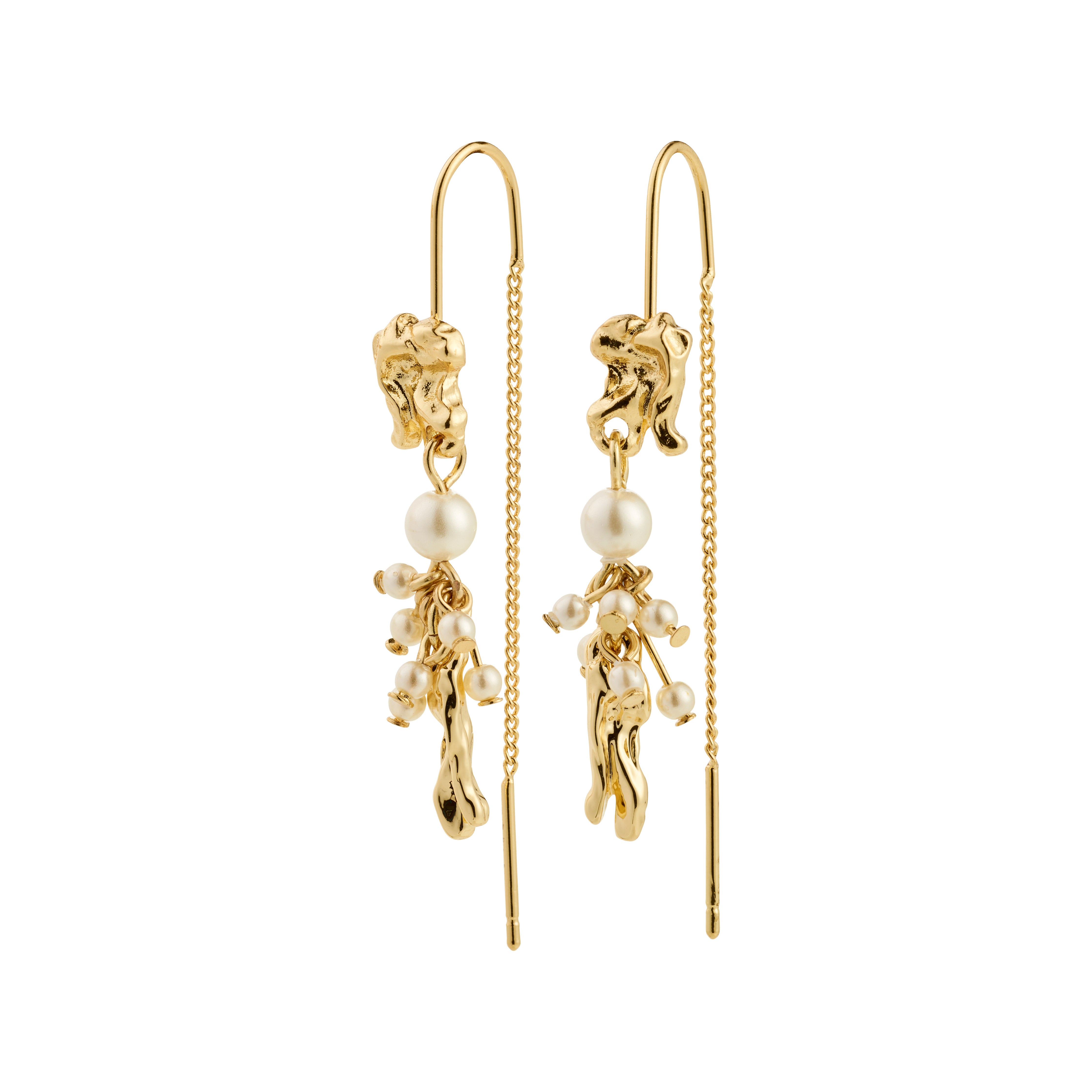 MILO chain earrings gold-plated, featuring molten-textured gold nuggets, pearl clusters, and baroque drops, creating a whimsical, delicate silhouette perfect for a dreamy style.