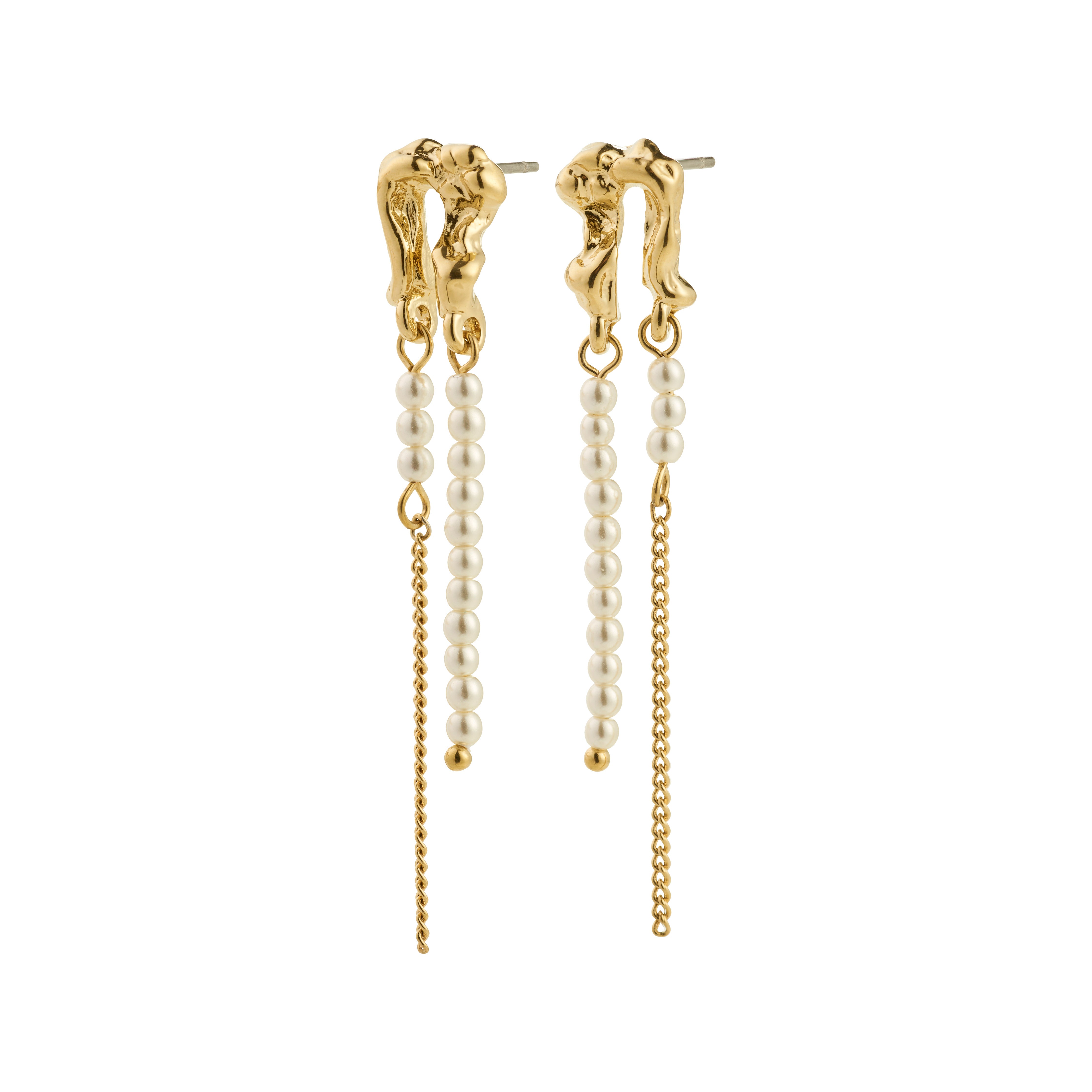 VINCENT earrings gold-plated with molten-style studs, pearl-like beads, and gold chains; create a fluid, fairytale charm perfect for any boho-inspired outfit.