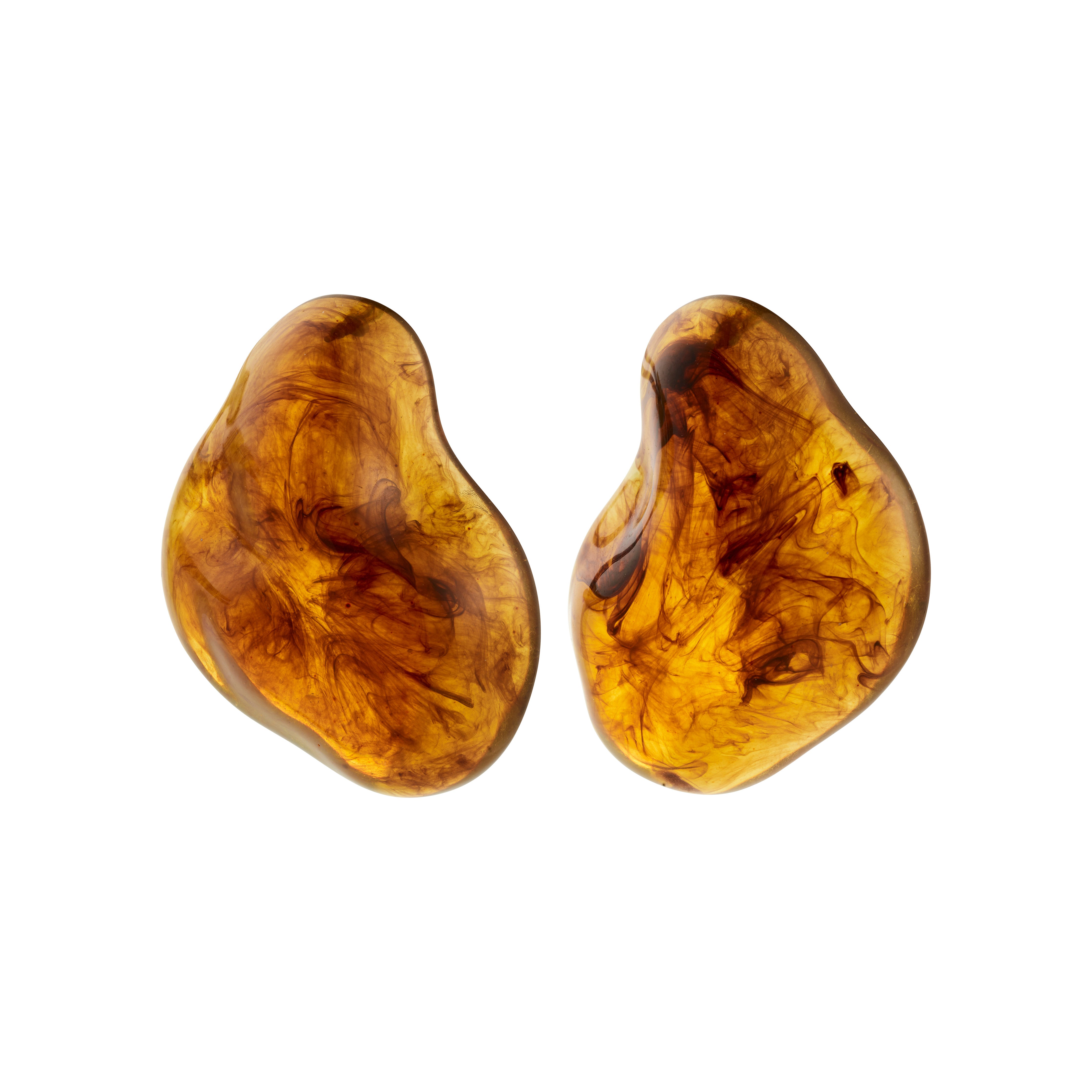 LIAN earrings, gold-plated/brown, feature amber-hued, organic forms with swirling patterns, crafted from recycled materials, embodying nature-inspired elegance and bold style from Pilgrim.