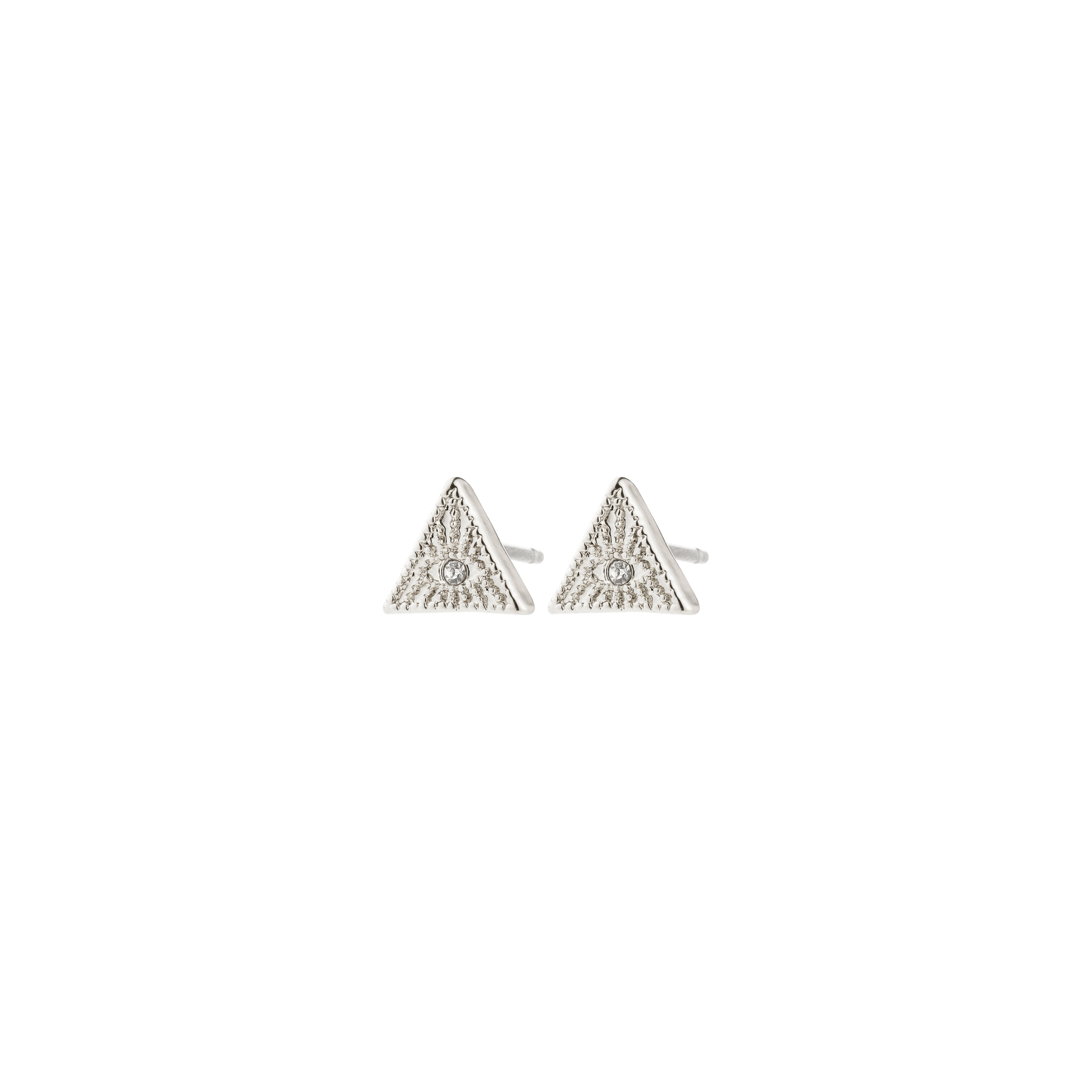 RYLEE earrings, silver-plated triangular studs with a central clear stone, featuring a textured radiating pattern, ideal for a minimalist or boho-chic style.