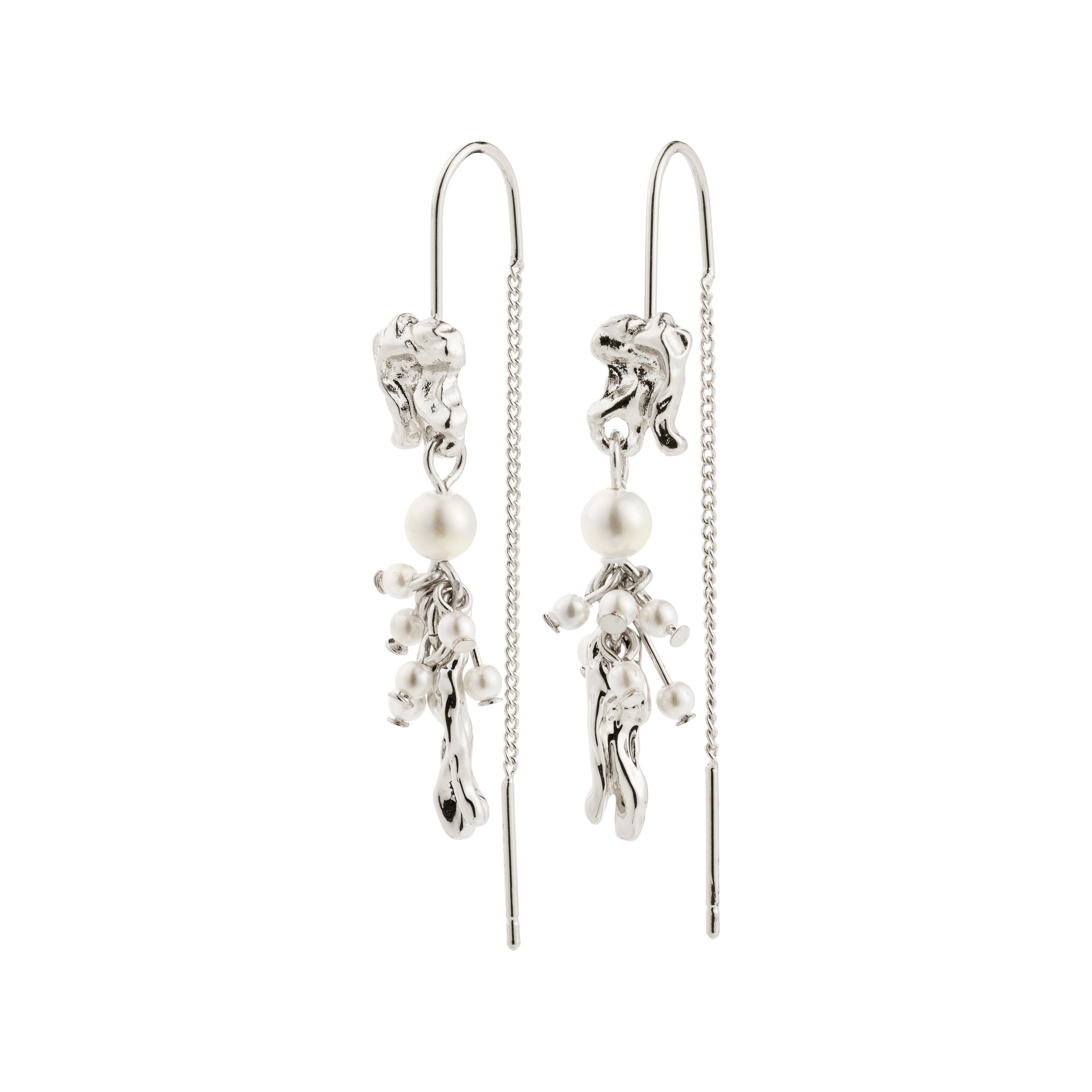 MILO chain earrings silver-plated, featuring a delicate silver chain, sculptural silver nugget, and pearl cluster, offering an organic, playful touch to any look.
