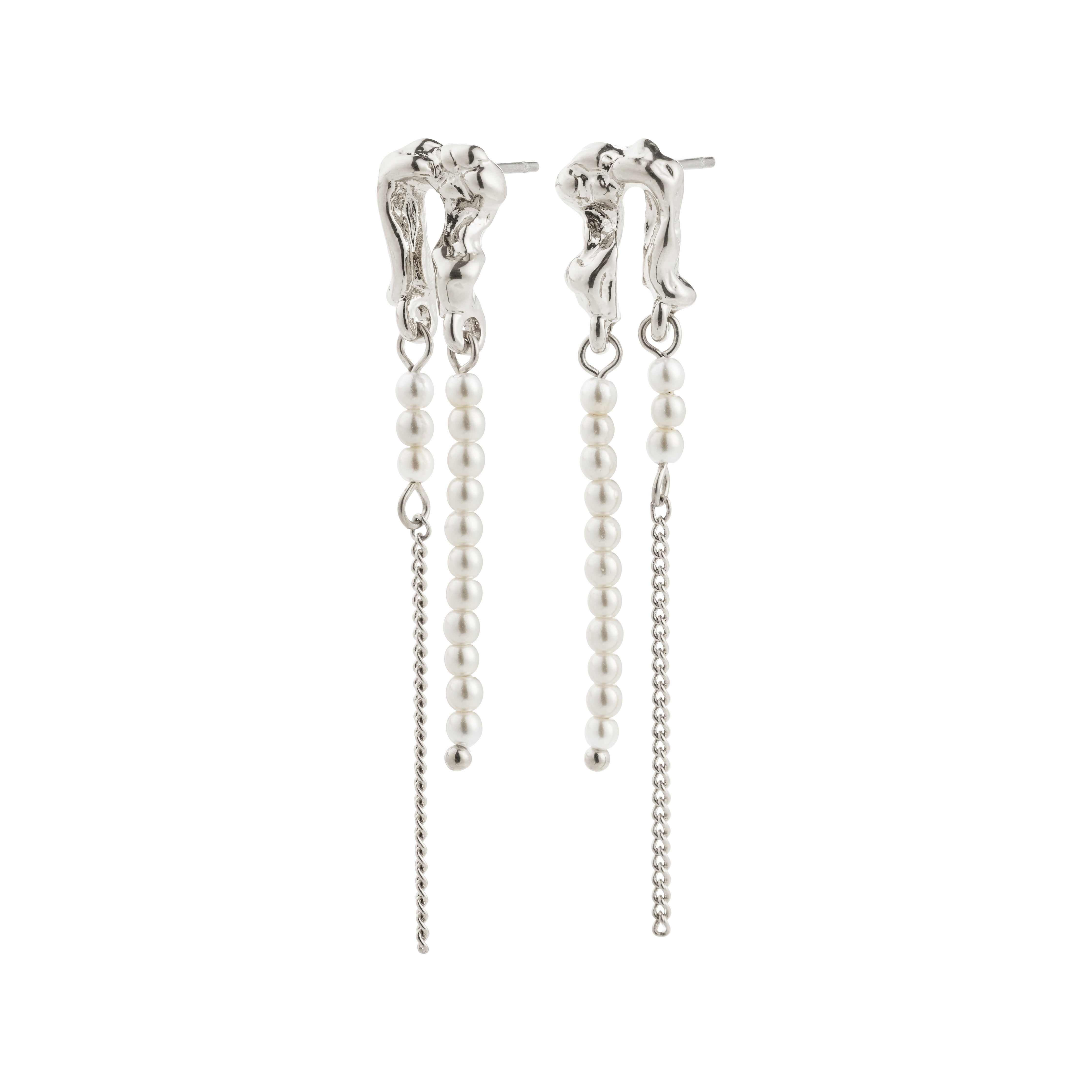 VINCENT earrings silver-plated feature molten-style studs with dangling pearl strands and silver chains, adding fairytale charm and fluid elegance to your look.