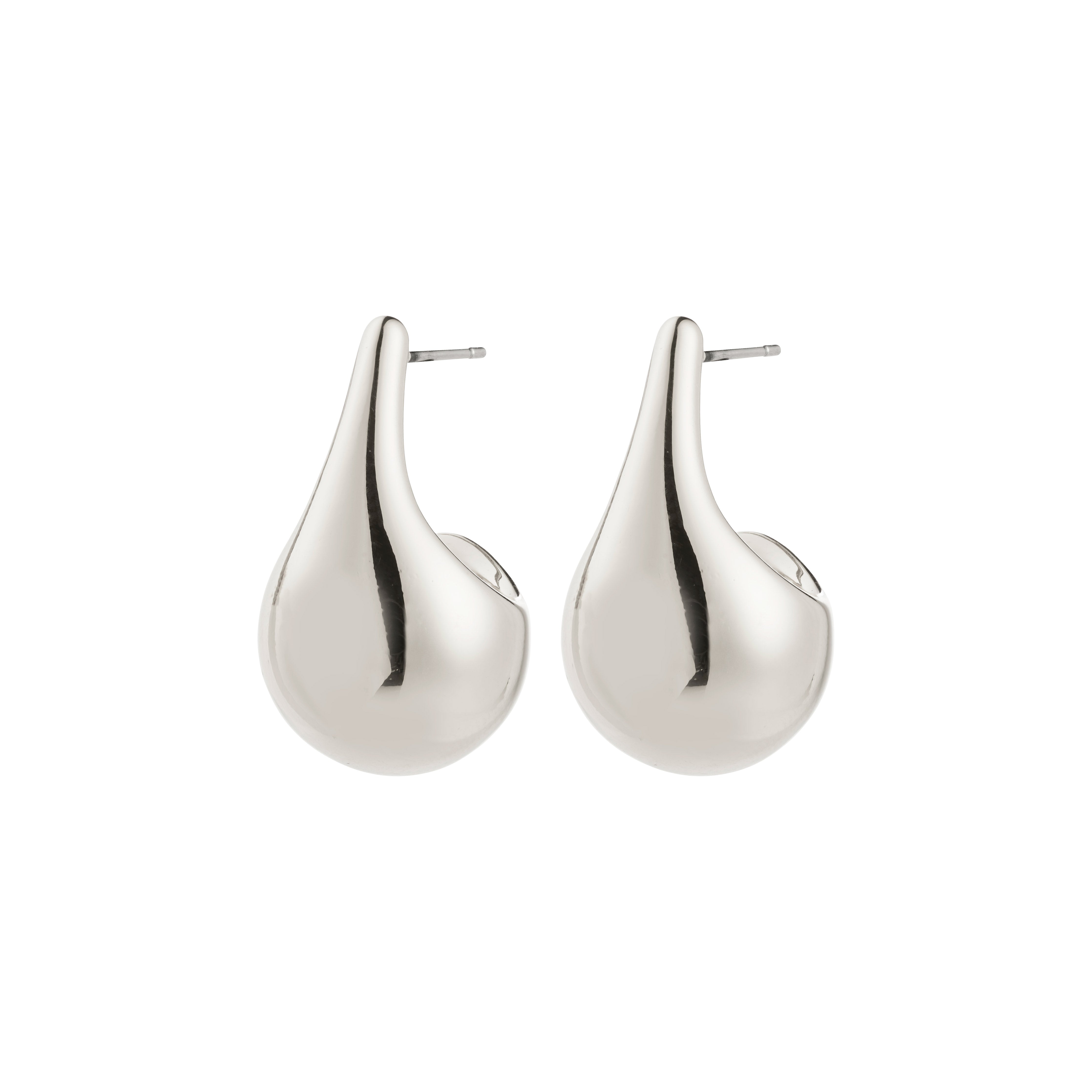 JUNIPER earrings silver-plated, teardrop-shaped studs with a polished finish, reflecting Scandi coolness and retro vibes, perfect for versatile, minimalist styling.