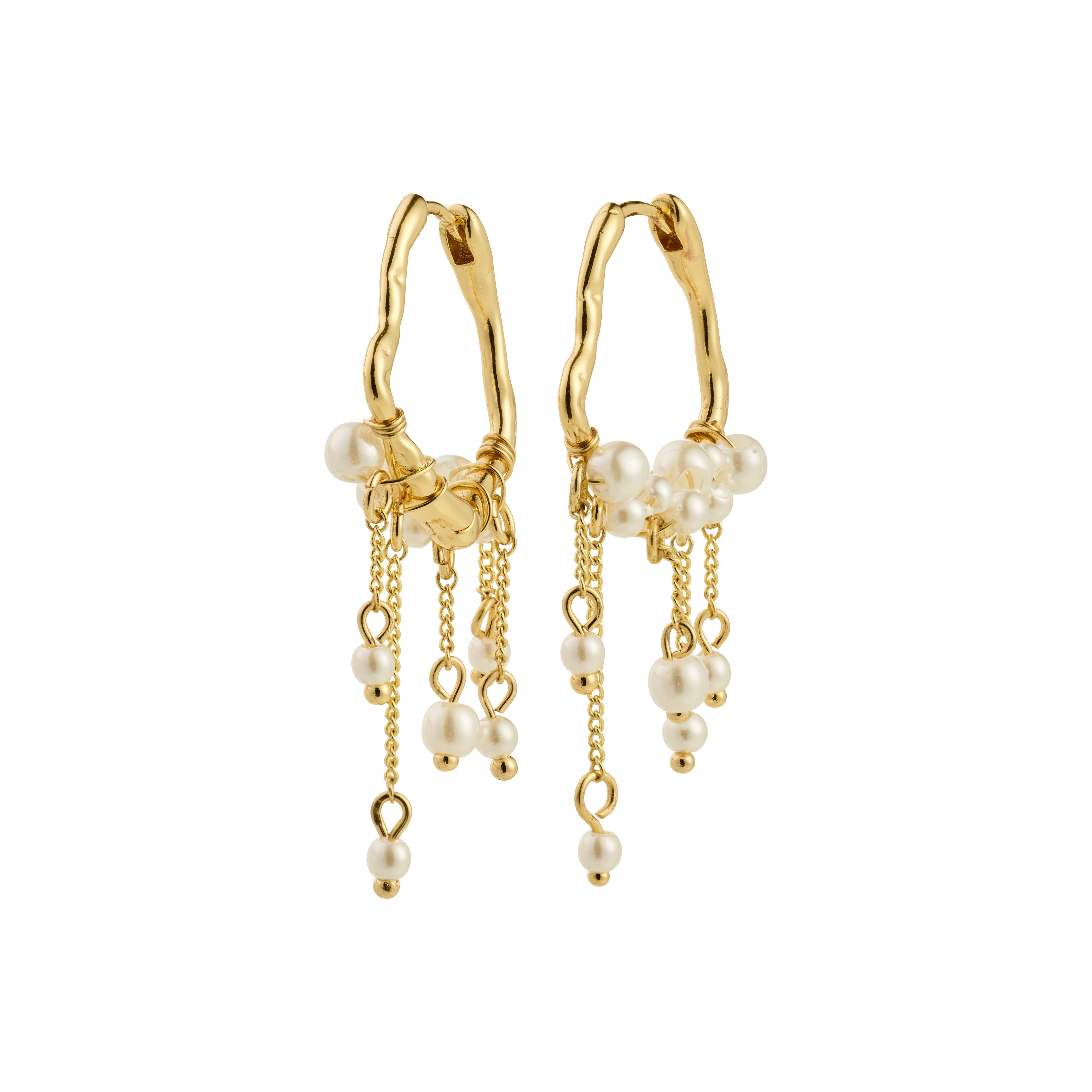 JASPER earrings gold-plated: Small gold hoops with dangling chains and clusters of white pearls, offering a whimsical, dreamcatcher-inspired design for a boho-chic style.