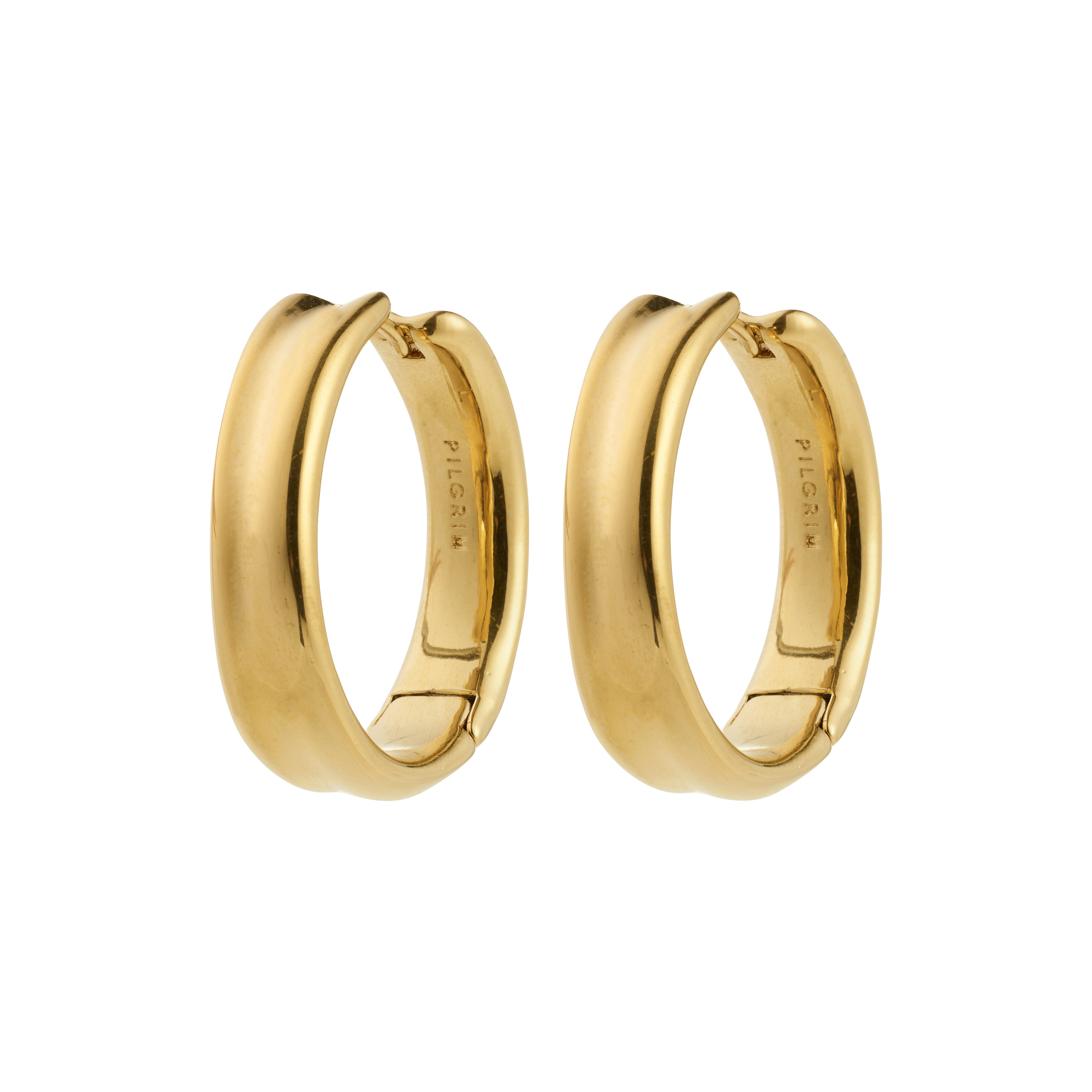 KAYDEN hoops gold-plated earrings feature chunky, oval design with hinged clasp and PILGRIM imprint, embodying Scandinavian style and sustainable materials for versatile elegance.