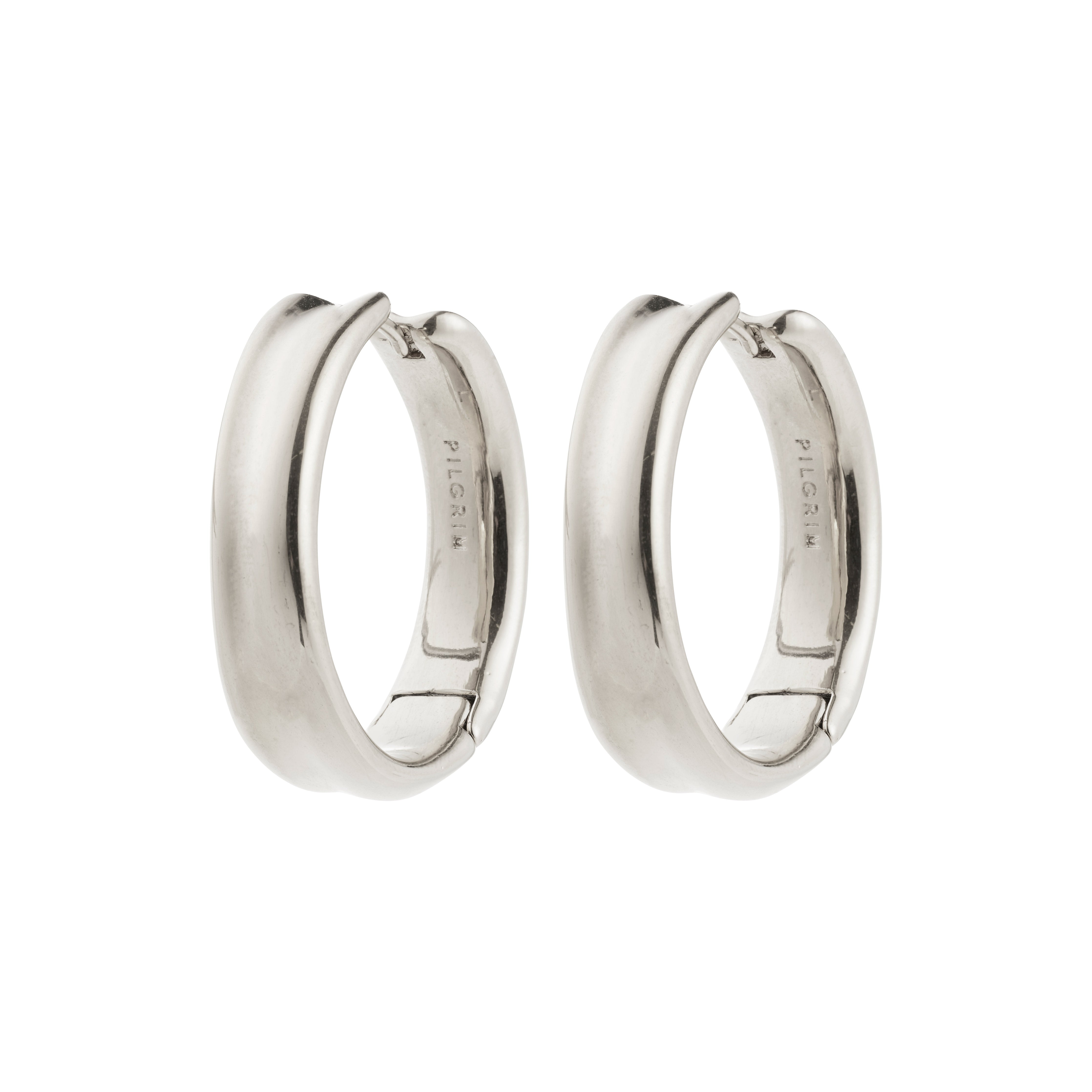 KAYDEN hoops silver-plated earrings, showcasing a broad, minimalist design with a shiny finish and hinge closure, featuring the PILGRIM brand stamp inside.