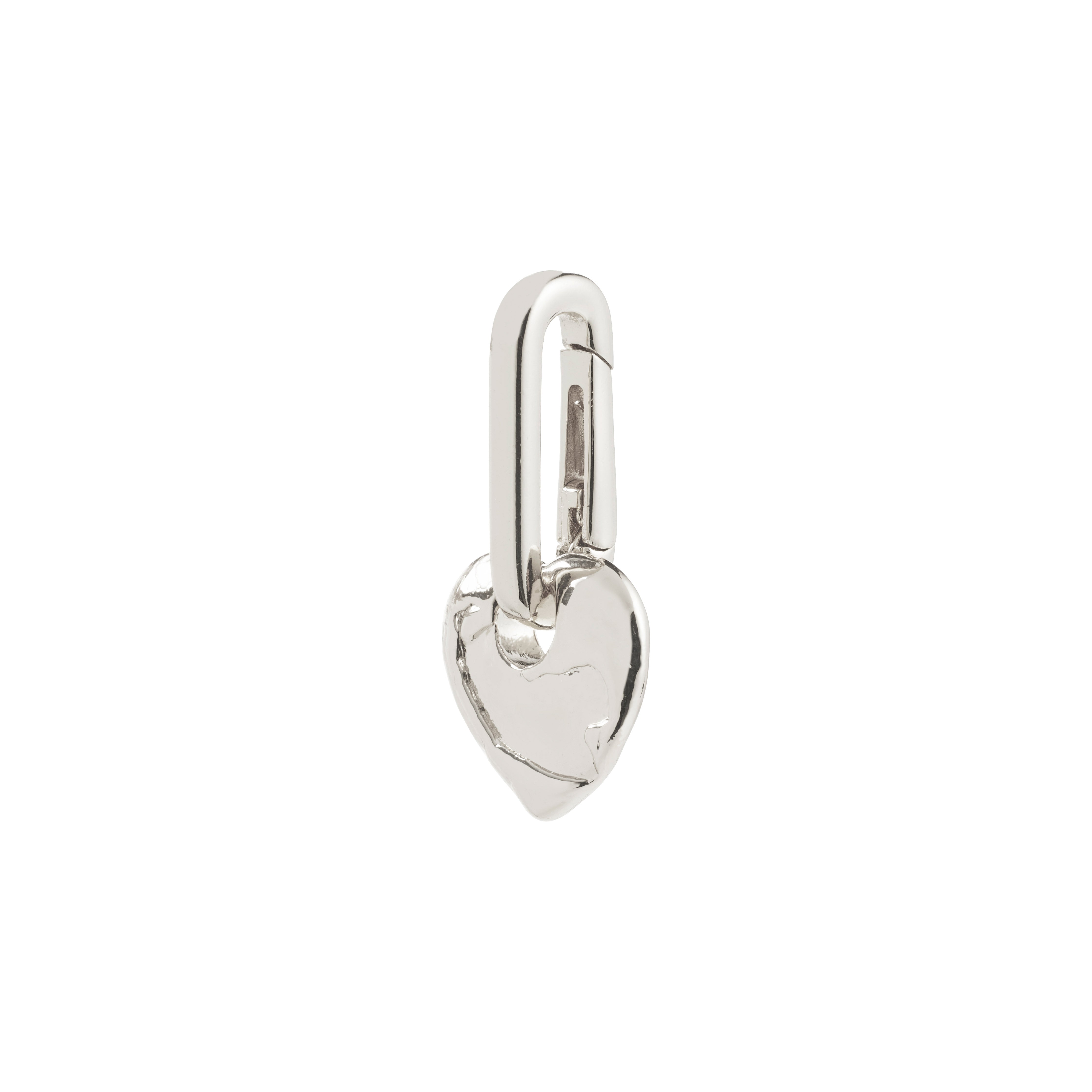 Silver-plated CHARM rough heart pendant with carabiner clasp, showcasing an irregular polished design, perfect for personal expression and crafted from recycled materials.