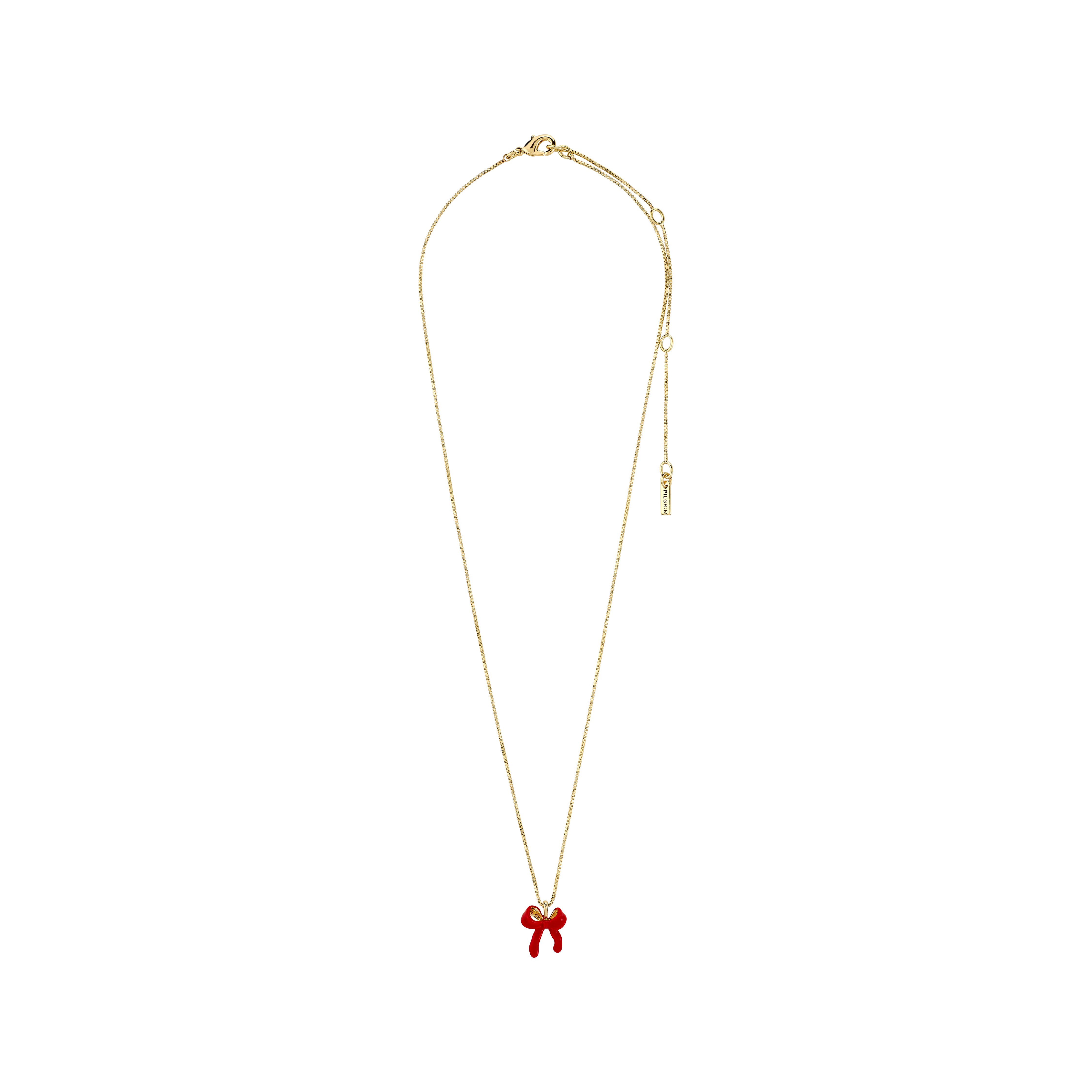 SIGRUN necklace gold-plated featuring a playful red enamel bow pendant on an adjustable box chain, embodying Pilgrim's blend of timeless and trendy Danish jewellery design.