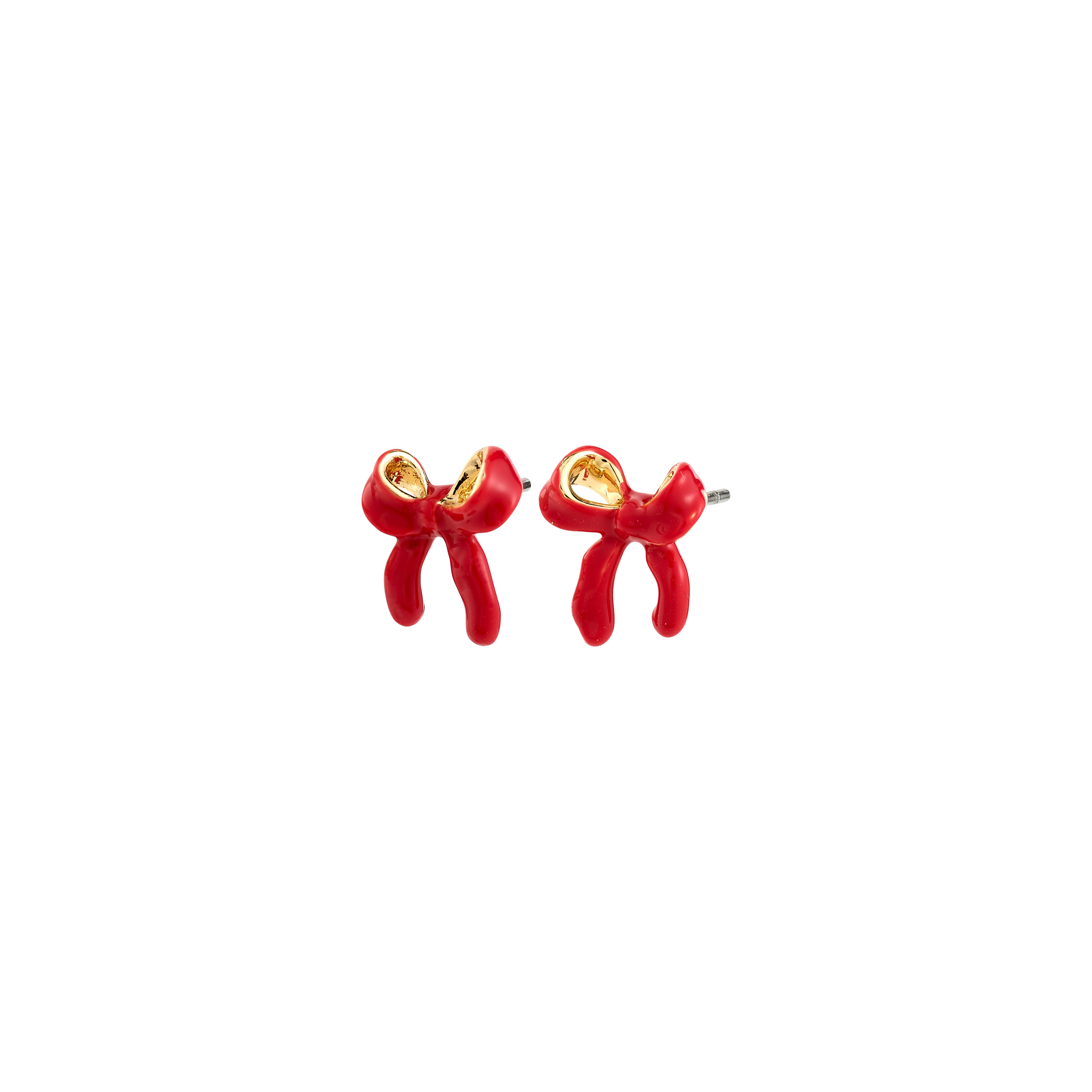 SIGRUN earrings gold-plated with red enamel bows, showcasing a playful, trendy design perfect for enhancing minimalist or preppy styles, made from 97% recycled materials.