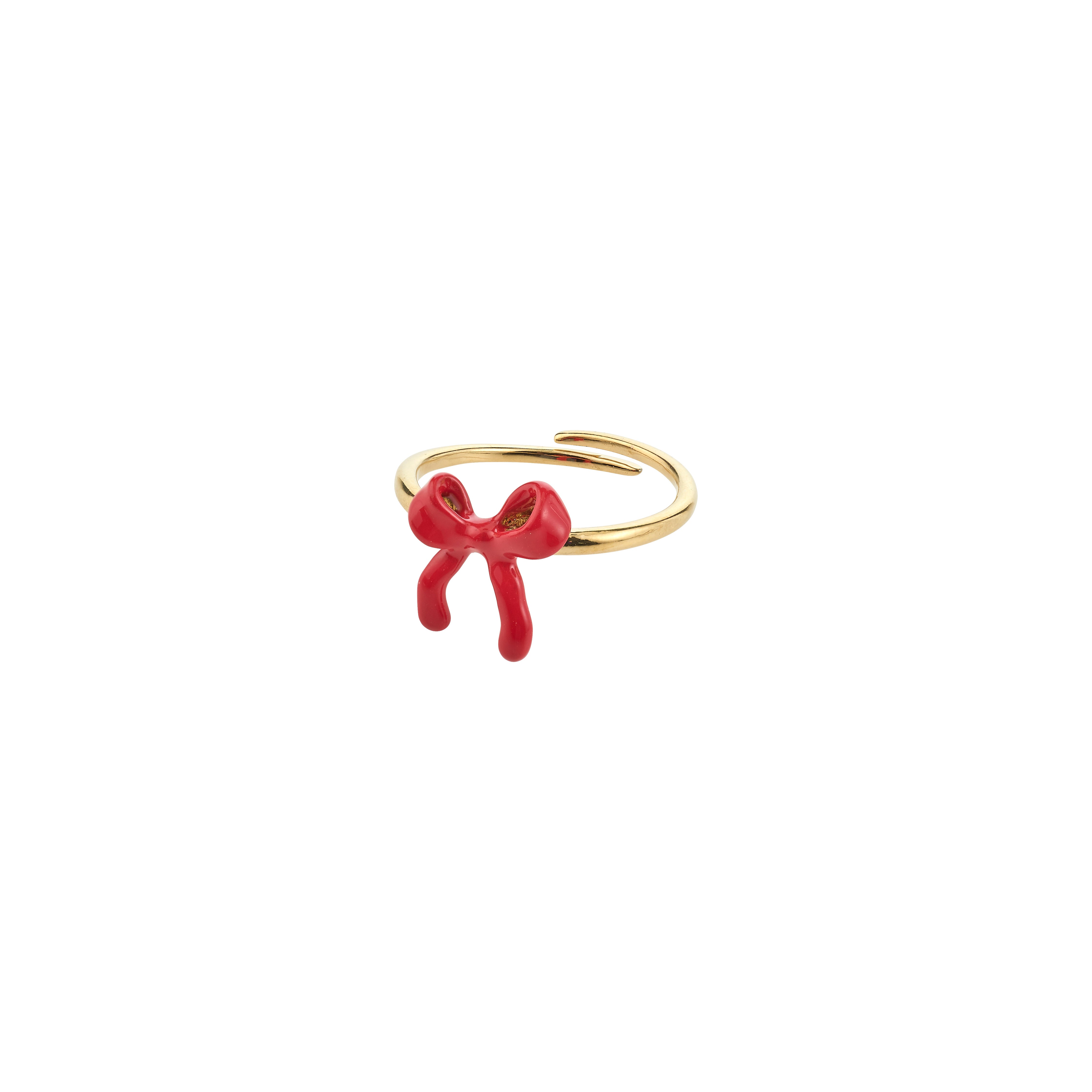 SIGRUN gold-plated ring with an adjustable red enamel bow, embodying playful elegance and personal meaning. A stylish, eco-friendly accessory from Pilgrim.