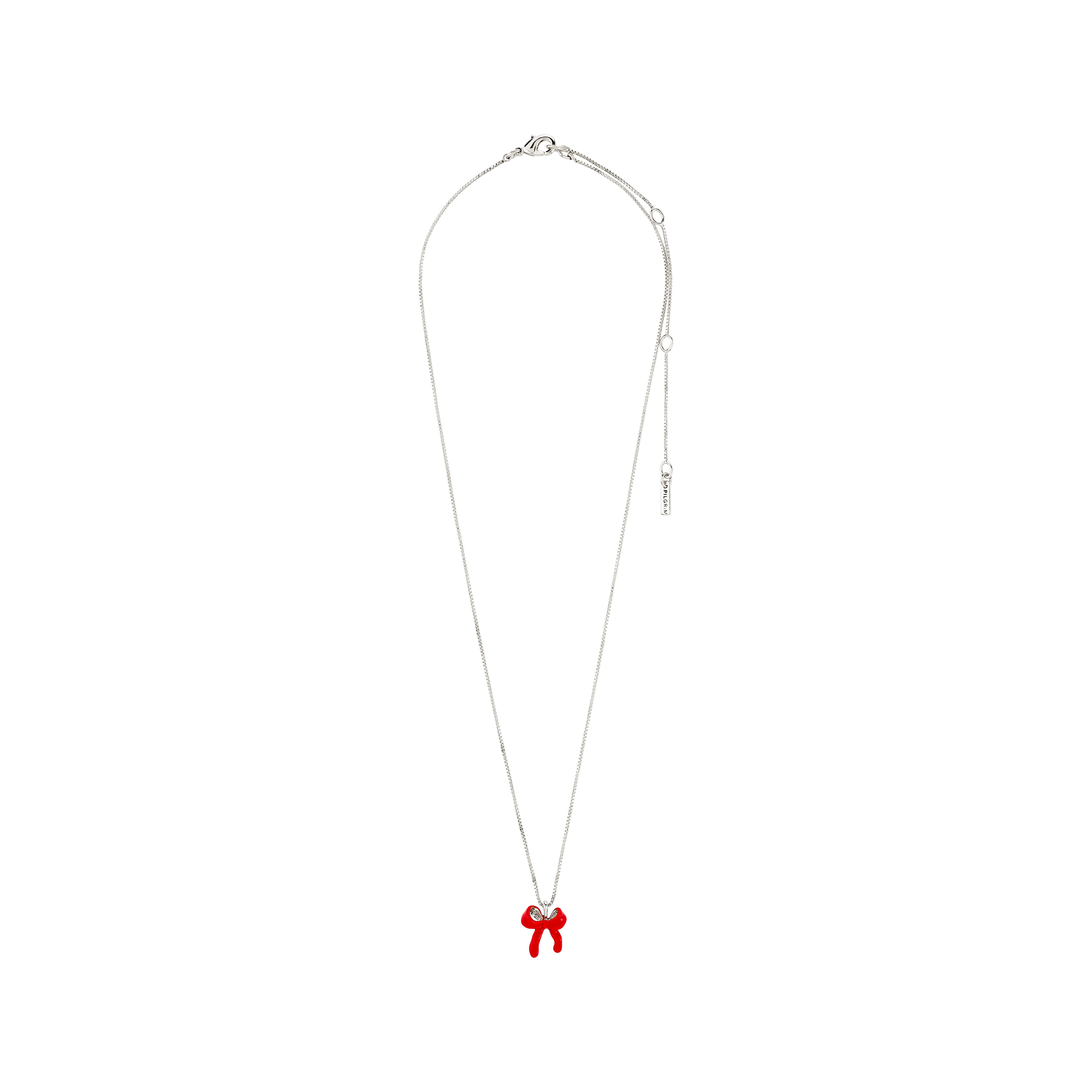 SIGRUN silver-plated necklace featuring a red enamel bow pendant on an adjustable box chain, embodying Pilgrim's trendy and eco-friendly Danish design.