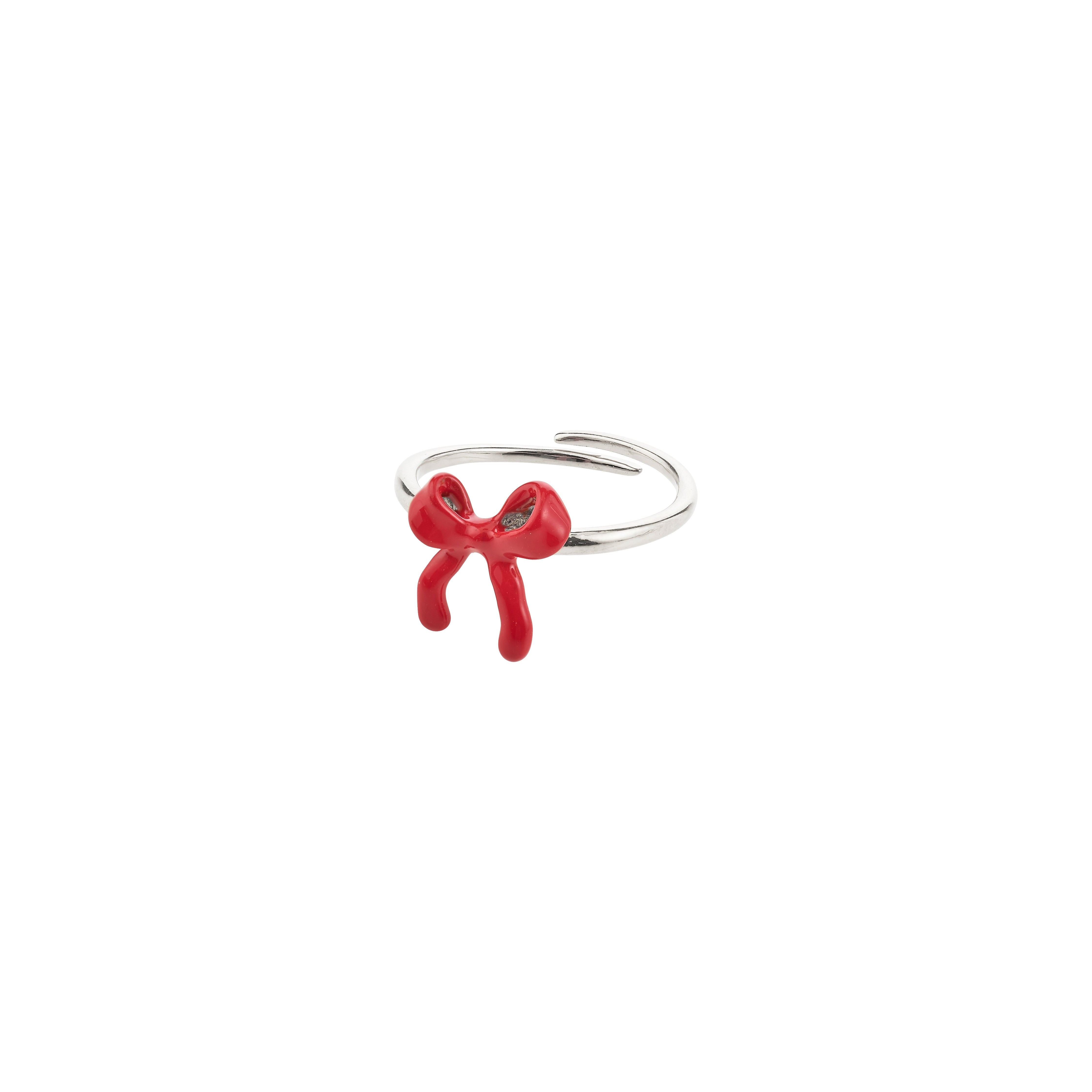 SIGRUN ring silver-plated with a cute red enamel bow, symbolizing dreams and memories. Adjustable fit, crafted from 97% recycled materials, embodying Pilgrim's sustainable style.
